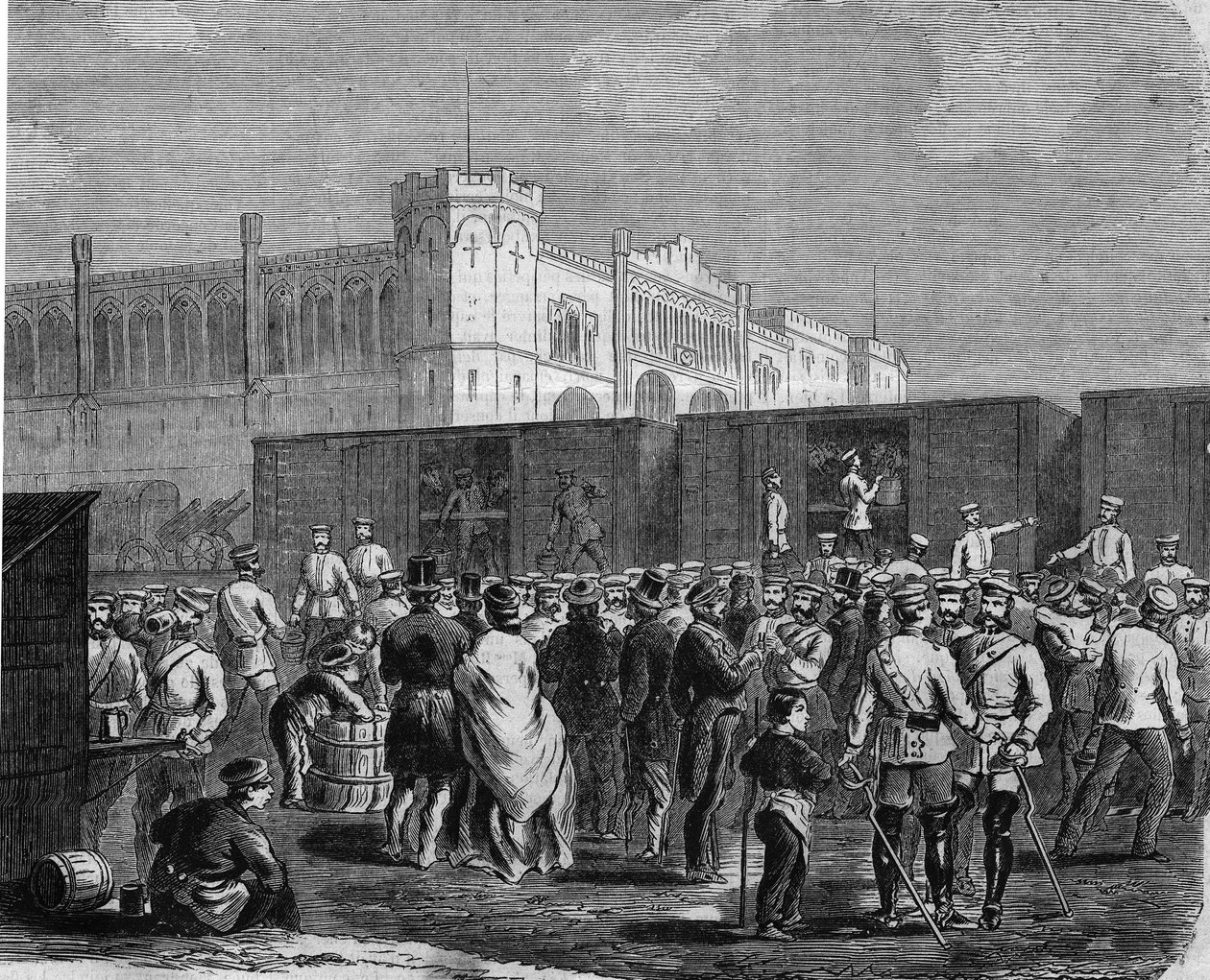Breslau (nebo Wroclaw), kyrysníci Pruské gardy v tažení proti Rakousku v roce 1866. Rytina od Unknown artist