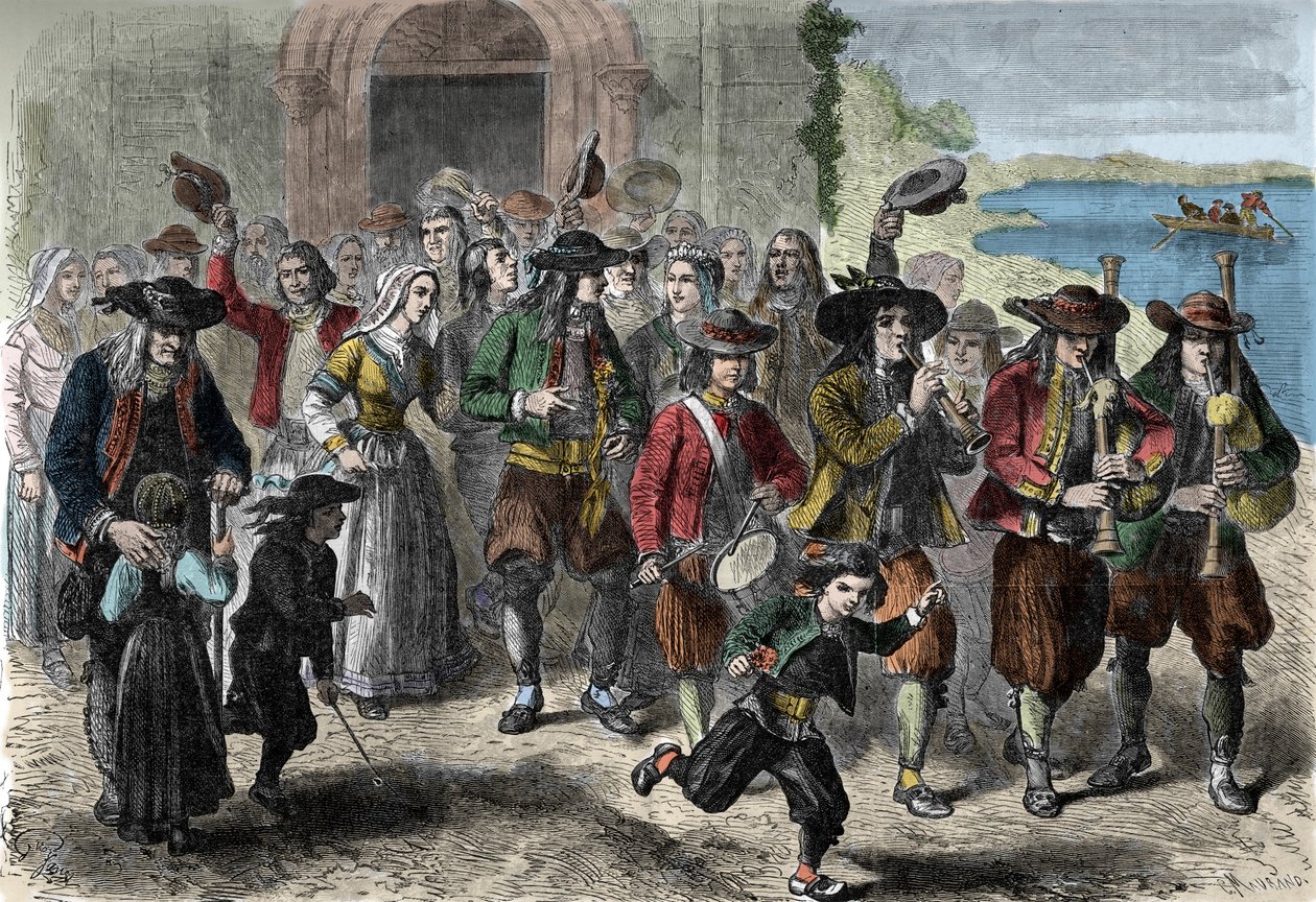 Bretonský zvyk: pár mladých manželství u východu z kostela. V horní části průvodu jsou hráči biniou a bubnu. Treguennec, Finistere (29) od Unknown artist