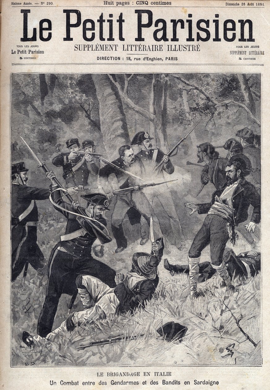 Brigáda v Itálii: boj mezi četníky a bandity na Sardinii. (Briganti Sardi, Sardegna) Rytina v „“Le Parisien““ od Unknown artist