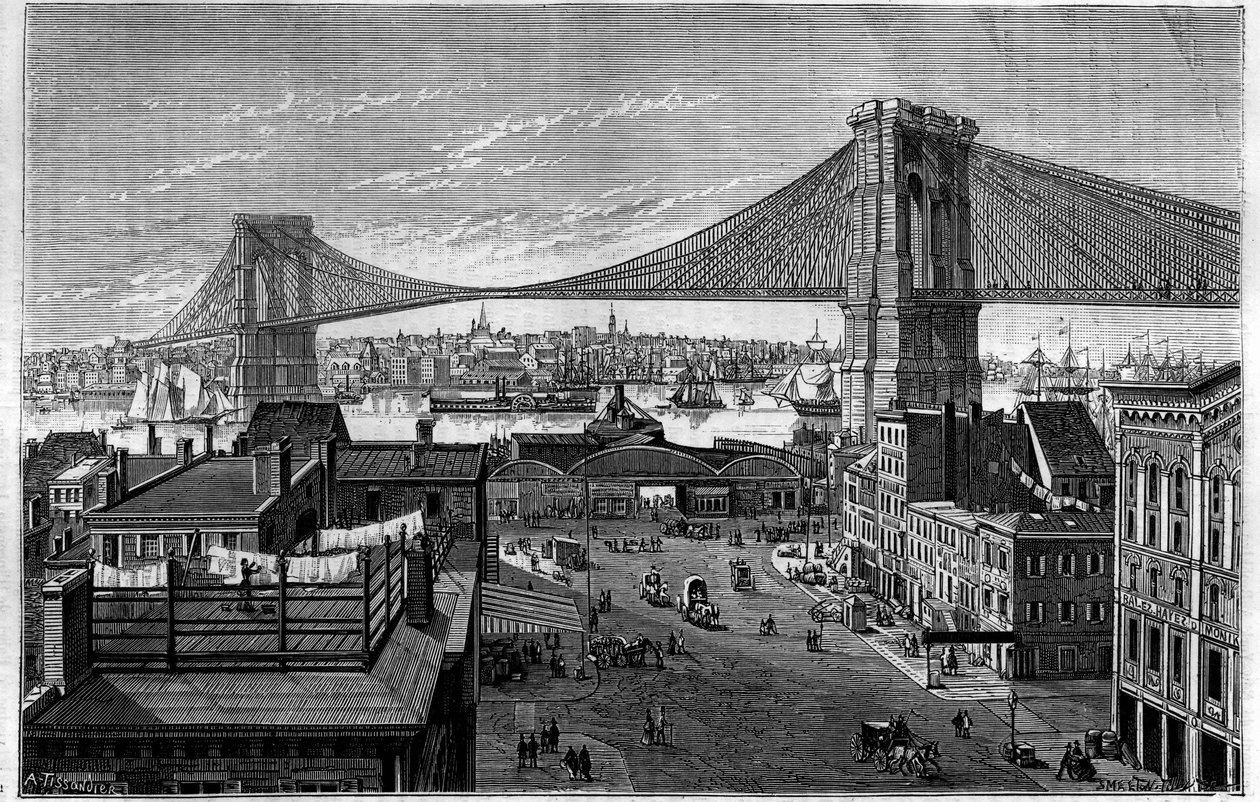 Brooklynský most. Začíná v roce 1869, ve výstavbě v době rytiny, bude dokončena v roce 1883. New York (New York), Spojené státy americké (Spojené státy americké). Gravírování v „“ La Nature: revue des sciences et de leurs applications aux arts et a l