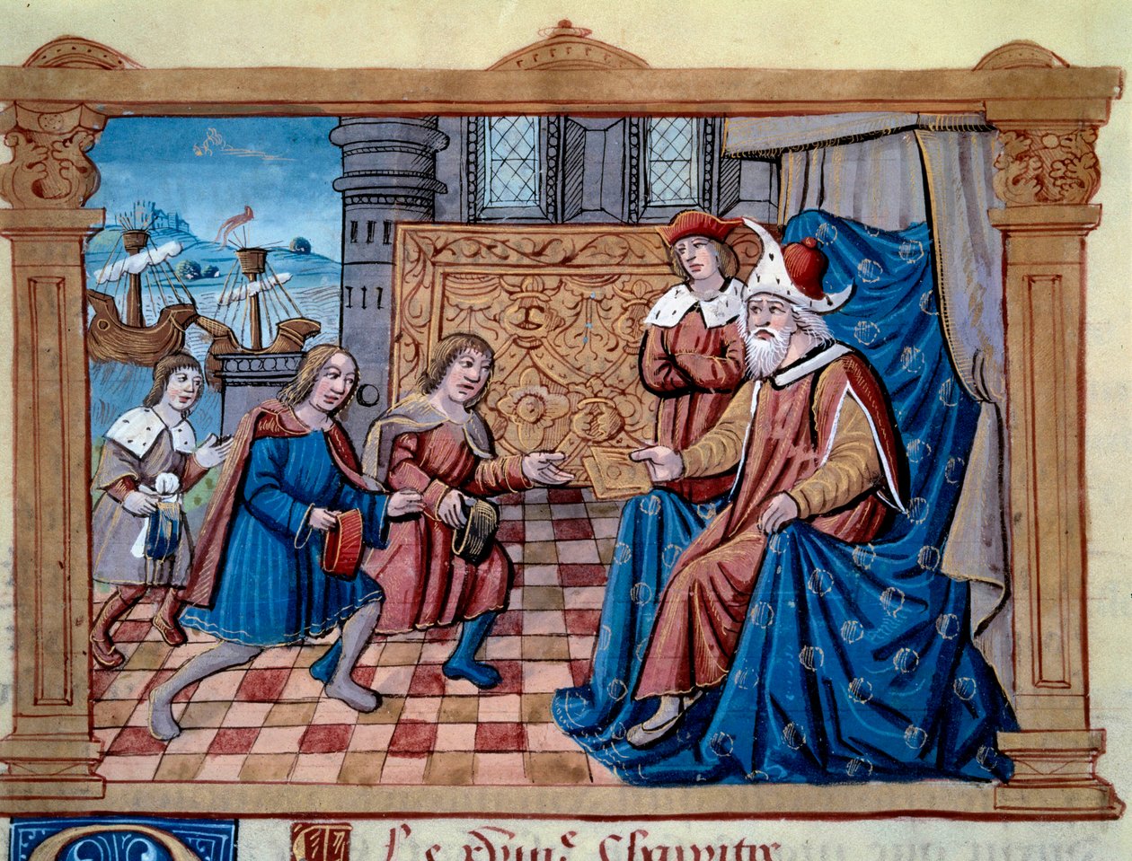 Bratři Nicolo a Matteo Polo, otec a strýc mladého Marca Pola (1254-1324) byli přijati na dvoře Qubilai (Kubilai Khan, první císař mongolské dynastie Yuan (1215-1294), mongolský císař v roce 1271. Miniatura převzato z „“ The B od Unknown artist