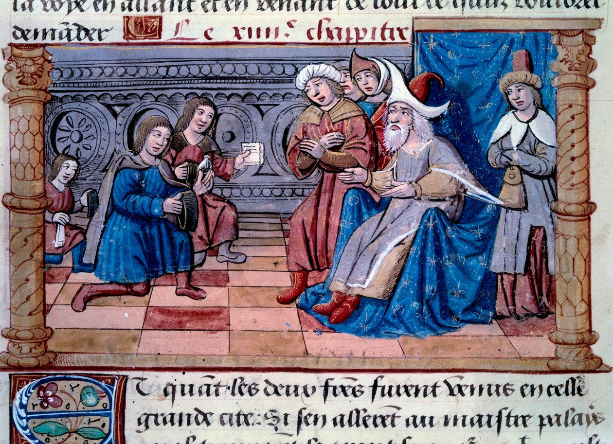 Bratři Nicolo a Matteo Polo, otec a strýc mladého Marca Pola (1254-1324) byli přijati na dvoře Velkého Qubilaje (Kubilajchán, první císař mongolské dynastie Yuan (1215-1294), mongolský císař v roce 1271). Miniatura převzata z „ od Unknown artist