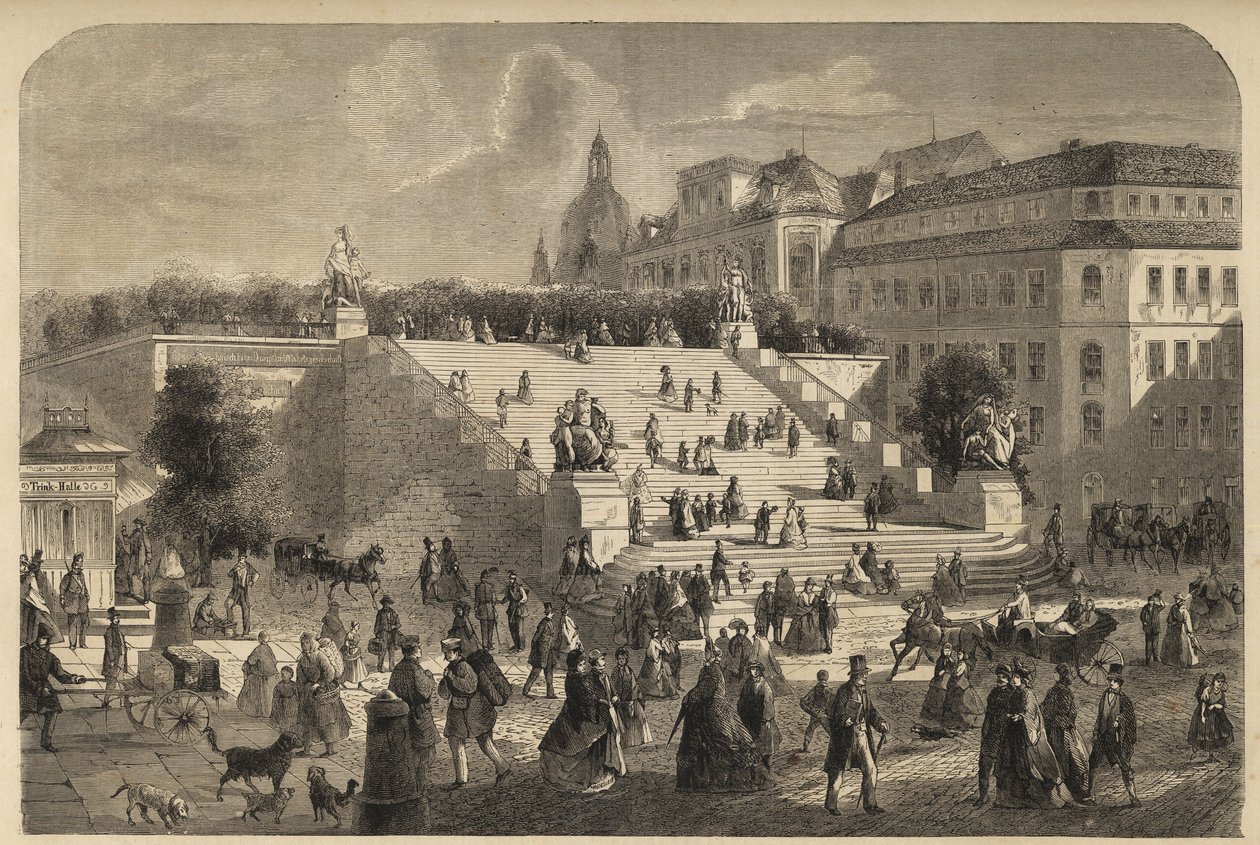 Bruhlova terasa v Drážďanech, Německo - Velké schodiště terasy Bruhl v Drážďanech v roce 1864 - od Unknown artist