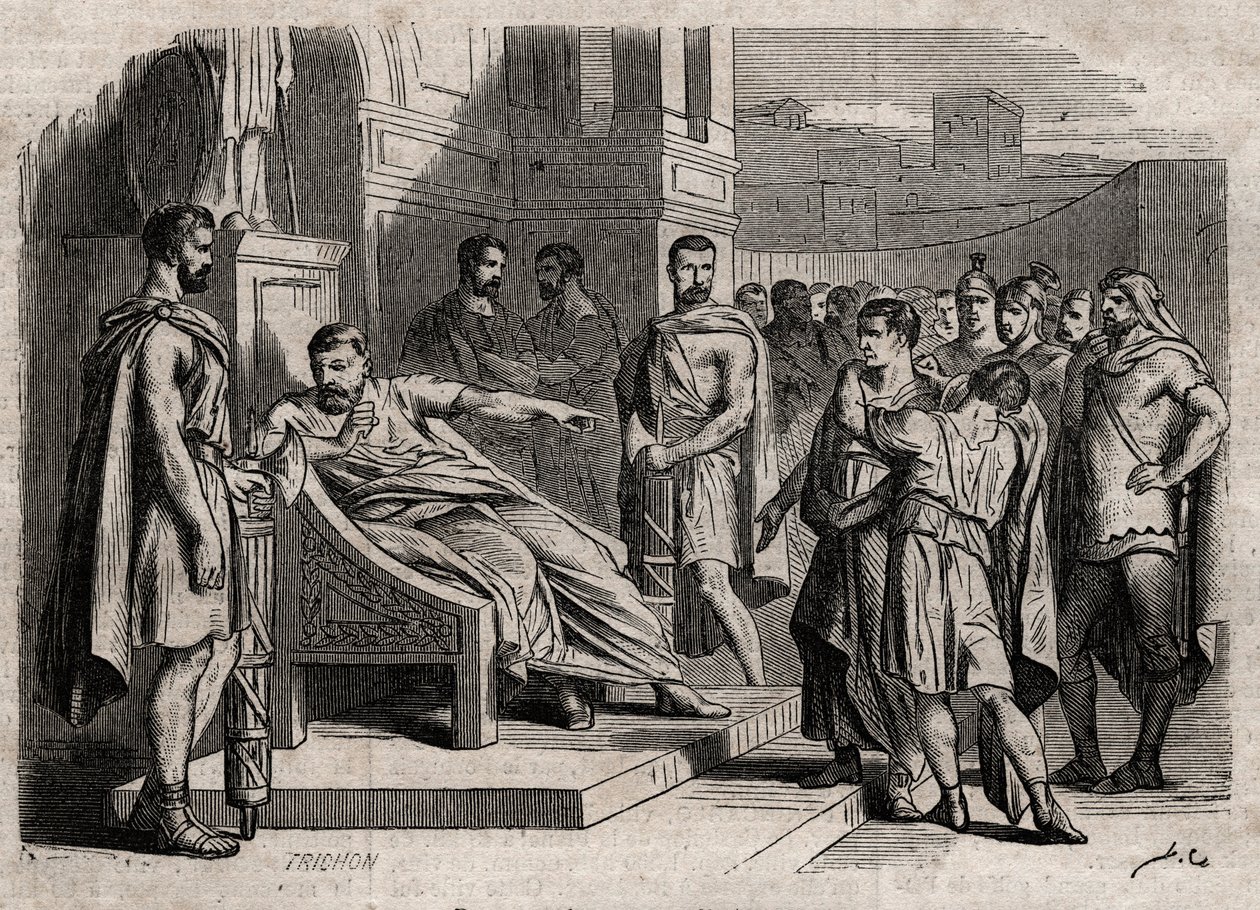 Brutus odsuzující svého syna k smrti - Brutus (Marcus Junius Brutus, 85-42 př. n. l.) odsuzující své syny k smrti - rytina v „“ Dictionnaire populaire llustrious“ - 1864 - od Josepha Decembra a Edmonda Alloniera - od Unknown artist