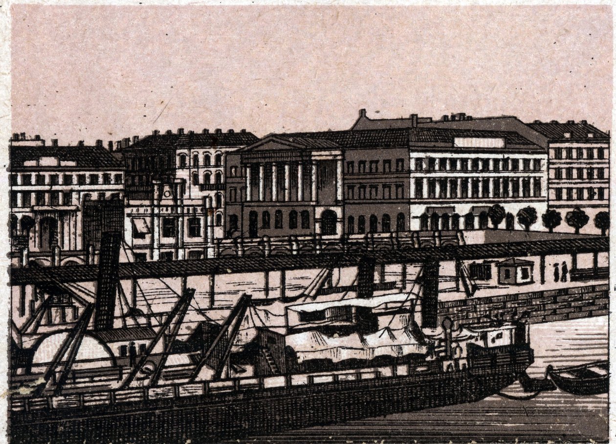 Budapešť, Maďarsko: pohled na přístaviště Danube Quay. v „“ Svět ilustruje 168 pohledů““ Nedatováno (konec 19. století) od Unknown artist