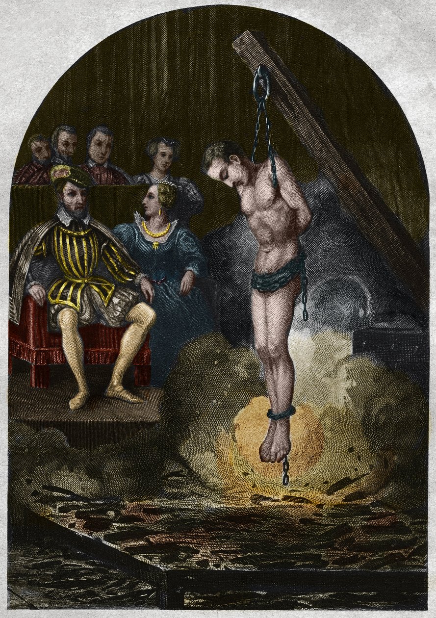 Spalovací komora (soud) Za krále Jindřicha II. (1519-1559) za přítomnosti Kateřiny Medicejské (Caterina de Medici). Rytina z roku 1842 v „Histoire des Popes““ od Maurice Lachatre. Soukromá sbírka. od Unknown artist