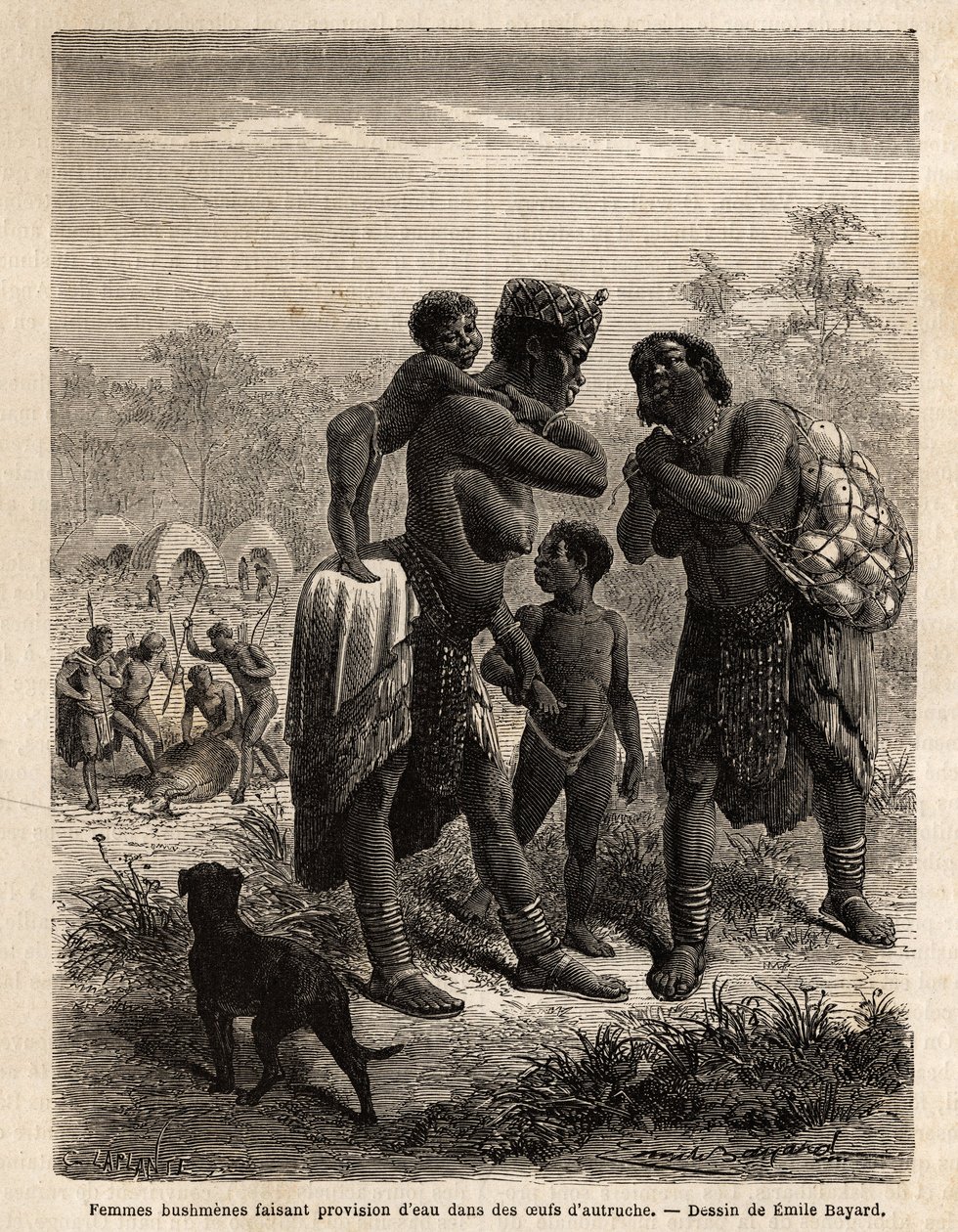 Křováci plní vodu v pštrosích vejcích v doprovodu svých dětí; v pozadí, viděno z vesnice, a muži zabíjející antilopu. Rytina pro ilustraci prvních plaveb Dr. Livingstonea do jižní Afriky v letech 1840 až 1856 v „Le tour du od Unknown artist