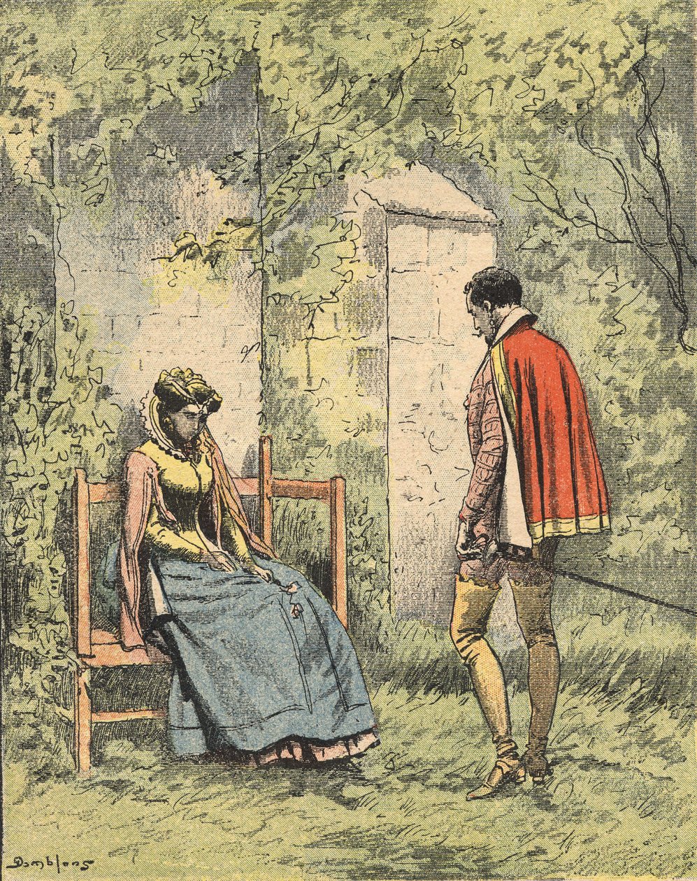 Bussy a Diane, známá jako Madame de Monsoreau, v zahradě připravené kostela., Ilustrace románu „La Dame de Monsoreau“ od Alexandra Dumase v „Journal des novels populaires illustrés“ od Unknown artist