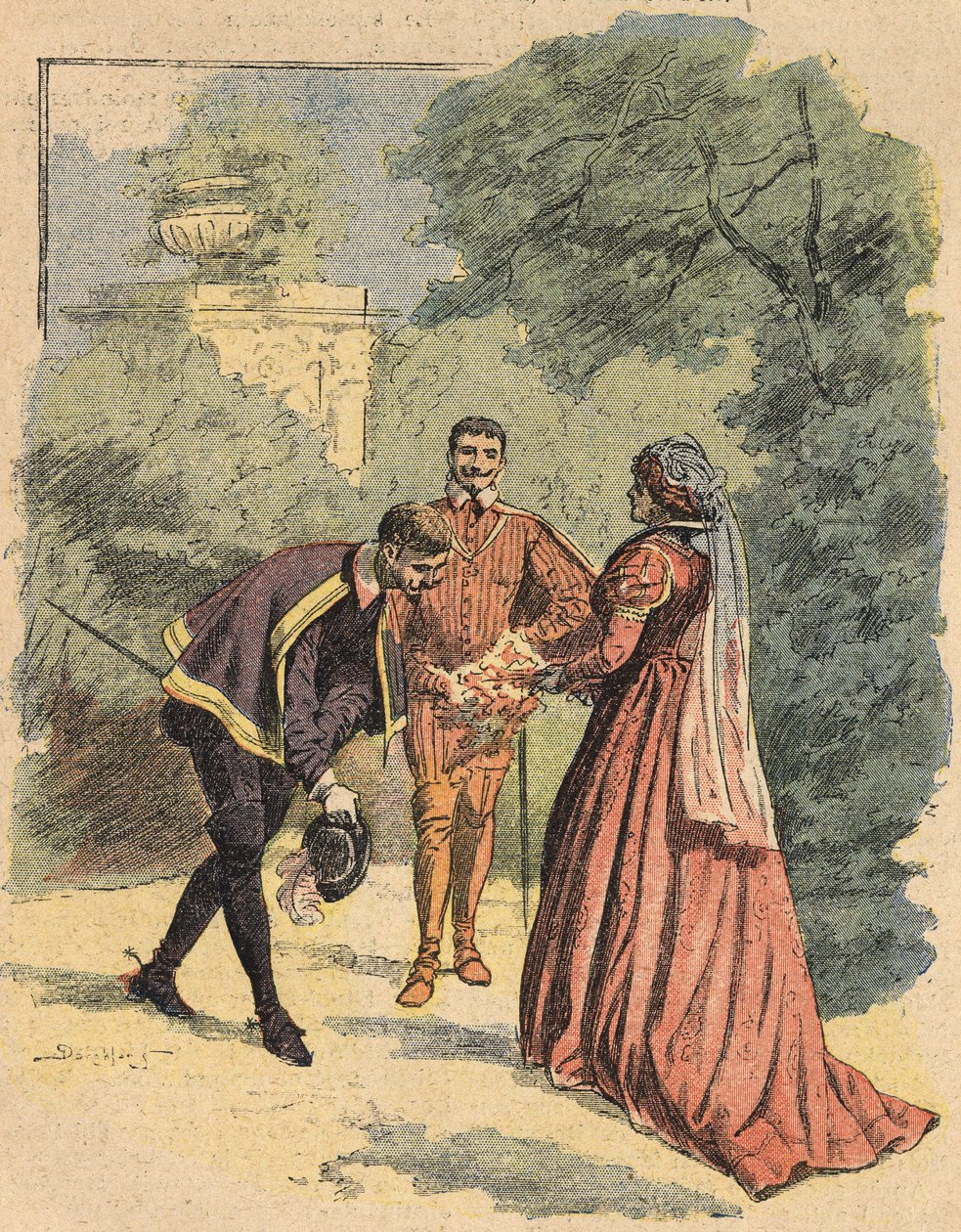 Bussy vítá Jeanne v doprovodu Saint Luke v parku. Ilustrace románu „La Dame de Monsoreau“ od Alexandra Dumase v „Journal des novels populaires illustrées“ od Unknown artist