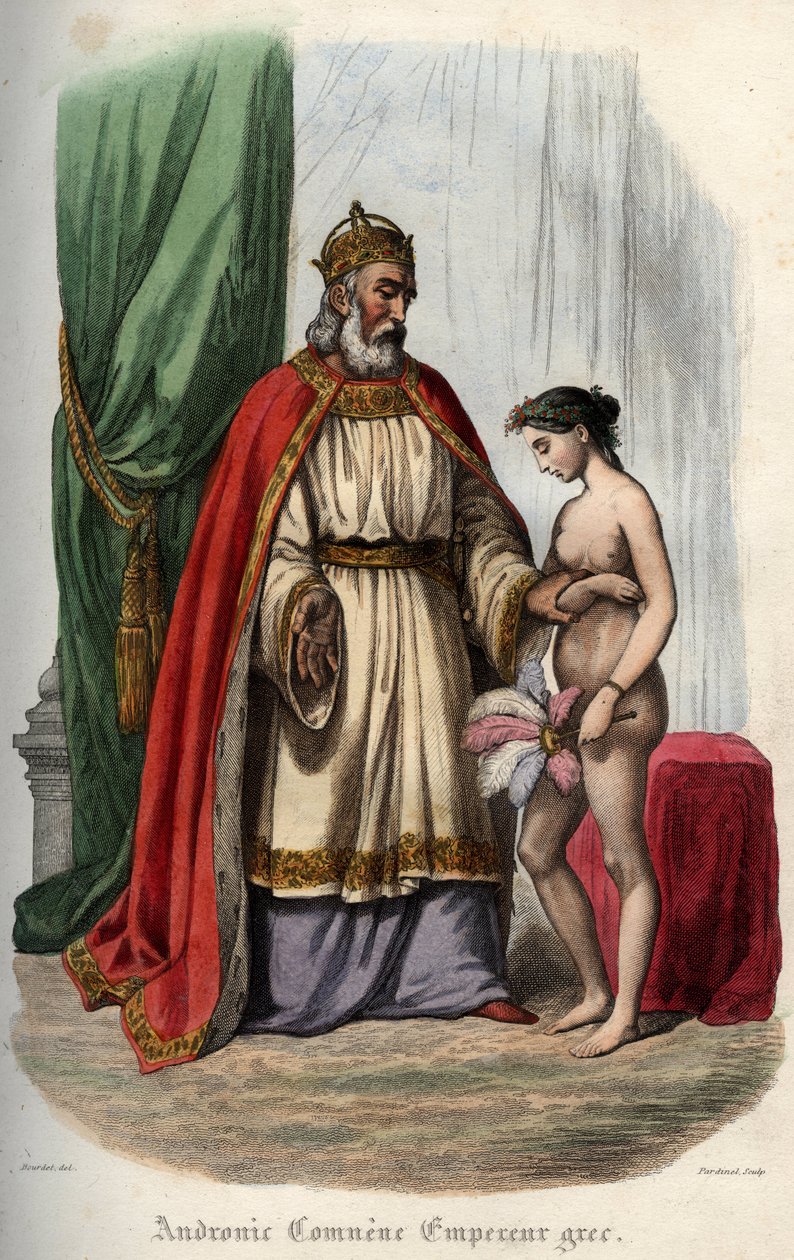 Byzantský císař Andronikos I. Komnenos (nebo Andronicus I. Komnenos (asi 1118-1185) (Andronic I. Comnene) a jeho manželka Agnes Francouzská (1171-1240), která je nucena kvůli orgiím vypadat nahá. Rytina z roku 1842 v „Histoire des papežů“ od Maurice Lachat od Unknown artist