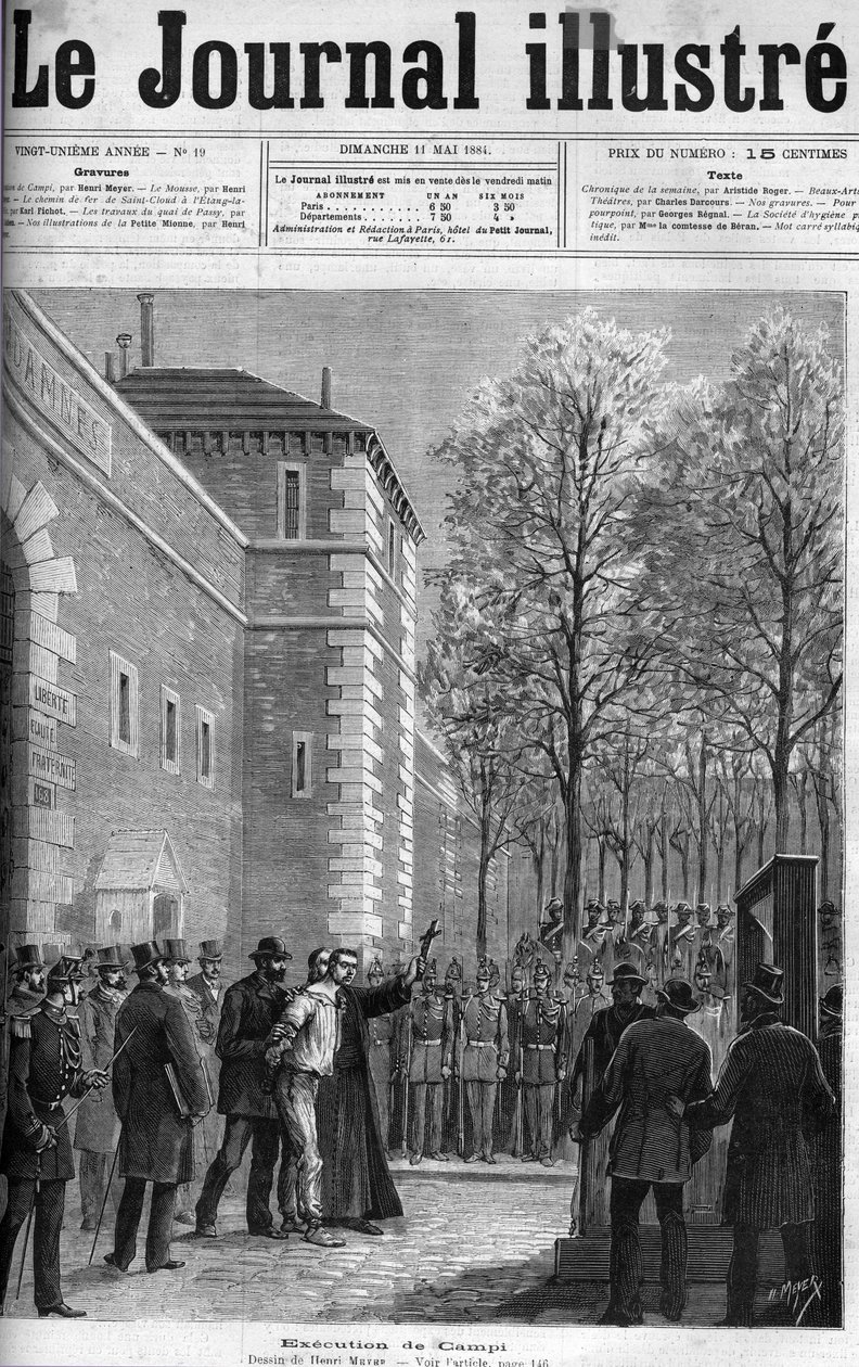 CAMPI, VRAŽENEC Z RUE DU REGARD – „“ Poprava atentátníka Michela Campiho na Place de la Roquette, 30. dubna 1884 – GILOTINA – rytina v „“Le journal illustrious“ z roku 1884 od Unknown artist