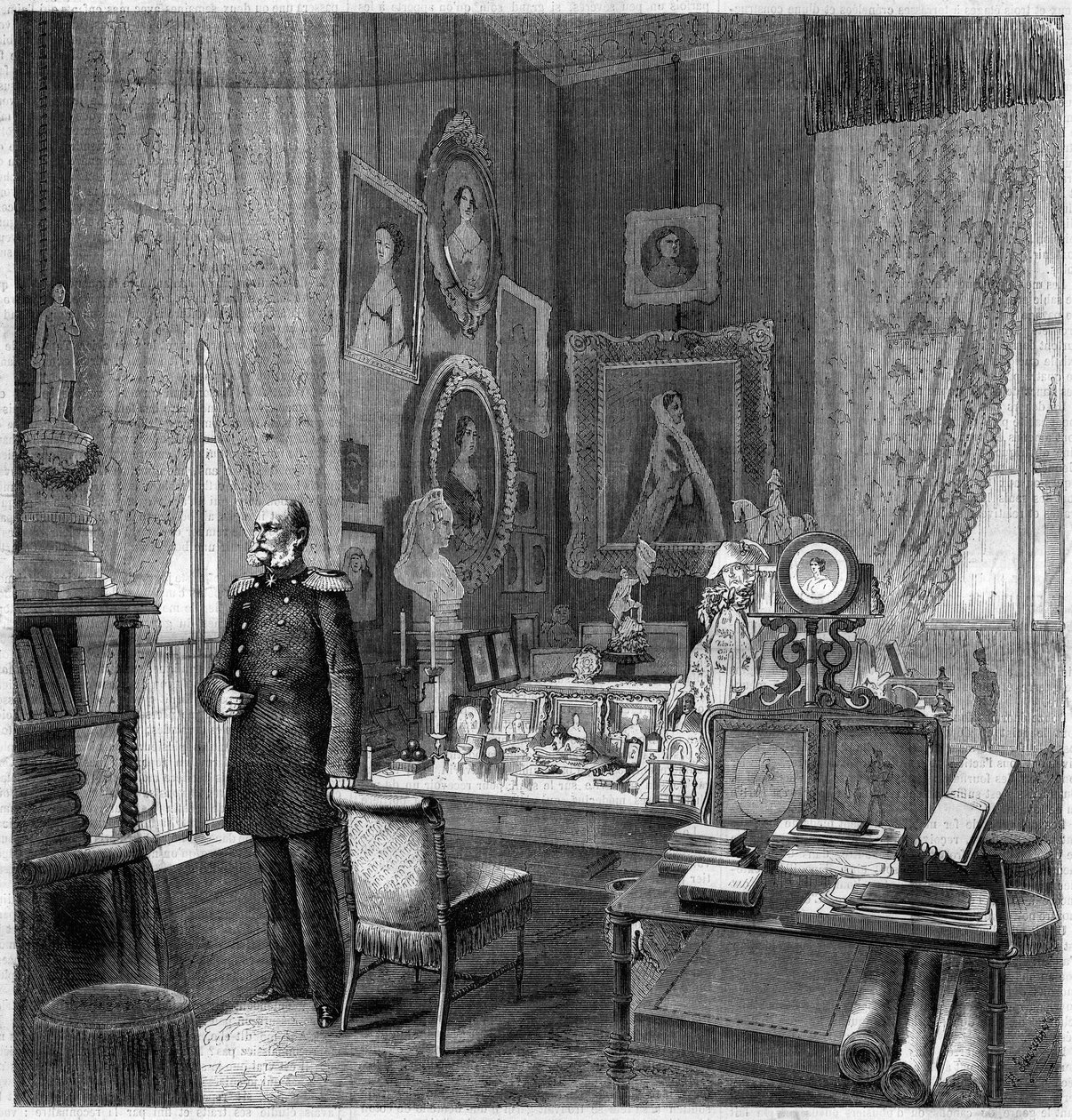Kabinet krále Viléma I. (1797-1888), pruského krále a německého císaře v berlínském královském paláci. Gravírování do „“The Illustrious Universe““ od Unknown artist