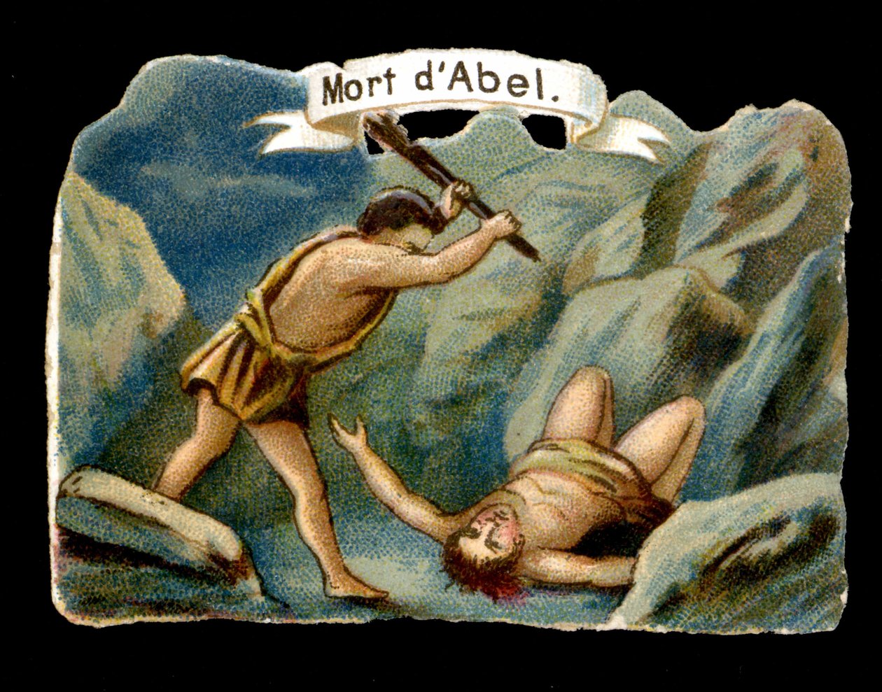 Kain zabil svého mladšího bratra Abela ze žárlivosti (Děti Adama a Evy). Chromolitografie 19. století. od Unknown artist