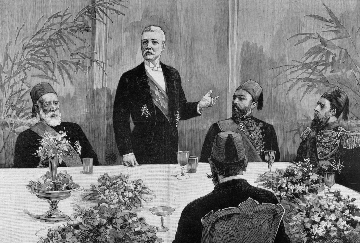 Káhira: Stanley (Sir Henry Morton) (1841 - 1904) pronáší řeč na svém banketu. Rytina 19. století. od Unknown artist
