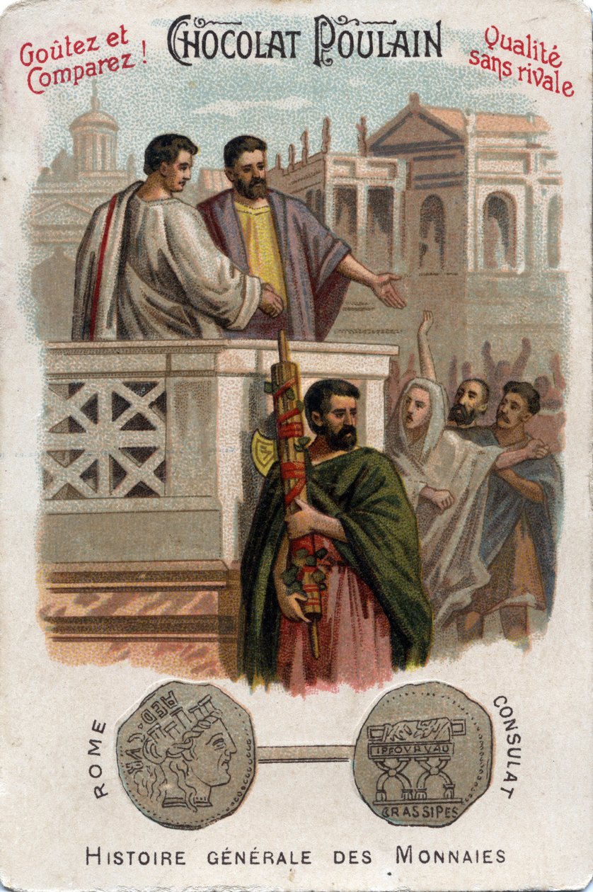 Caius Licinius Calvus Stolon přispívá k přístupu Plebejců k politické moci získáním přístupu na konzulát. In Obecná historie mincí. Čokoládovo-hříběcí chromolitografie konce 19. století. Soukromá sbírka. od Unknown artist