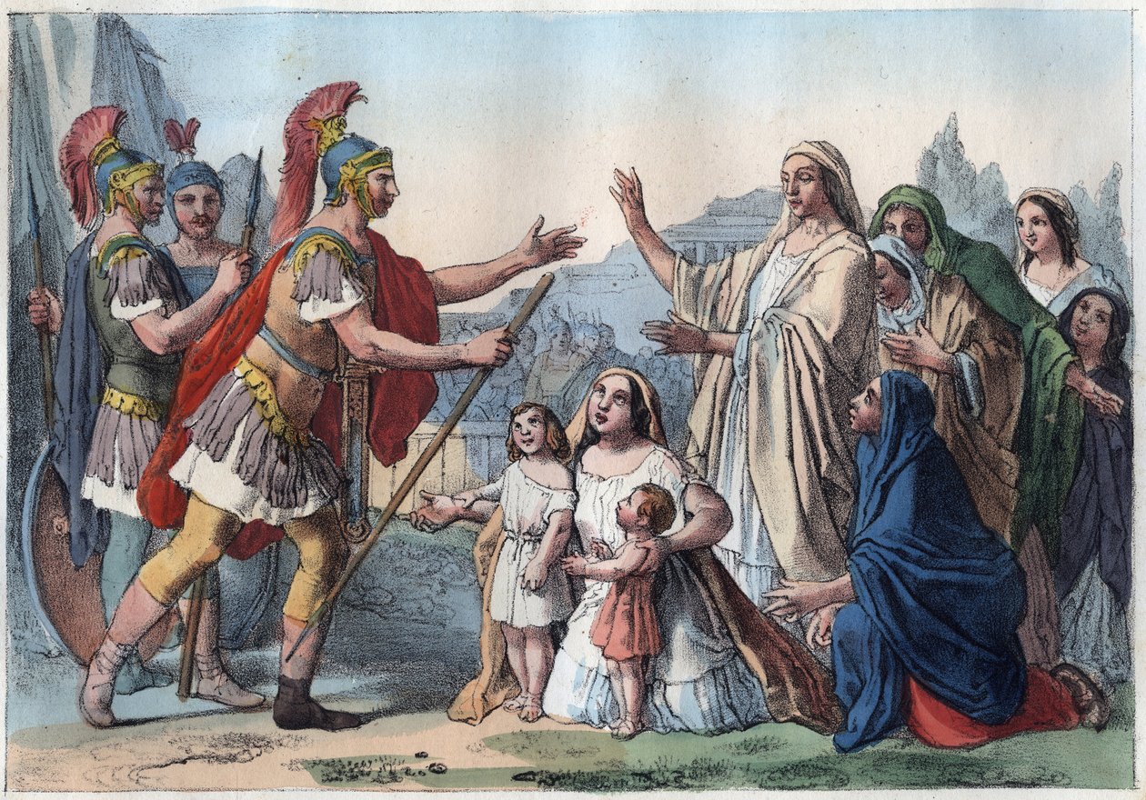 Caius Marcius Coriolanus (Coriolan) a jeho matka (488 př. n. l.) - Coriolan obléhá Řím s podporou lidu - jeho matka Veturia a jeho žena Volumnia ho přesvědčí, aby odešel - Volumnia a Verturia před Coriolanem (Gaius Marcius Coriolanus) - Matka a od Unknown artist