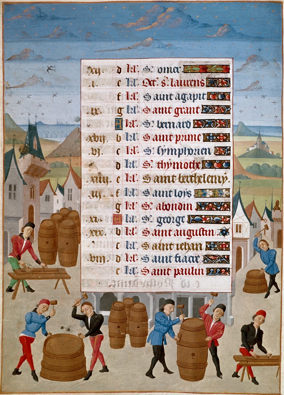 Kalendář: Srpen - Výroba sudů na víno - Miniatura mistra Jeana de Rolina (15. století) z „Hodin Adelaide Savojské, vévodkyně Burgundské“ 1460-1465 Chantilly, Musee Conde od Unknown artist