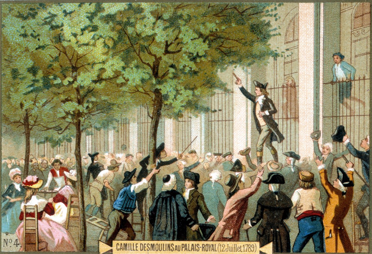 Camille Desmoulins v Palais Royal (12/07/1789). Chromolitografie 19. století. - Francouzská revoluce/Camille Desmoulins vyzývá k bouři na Bastile v Paříži od Unknown artist
