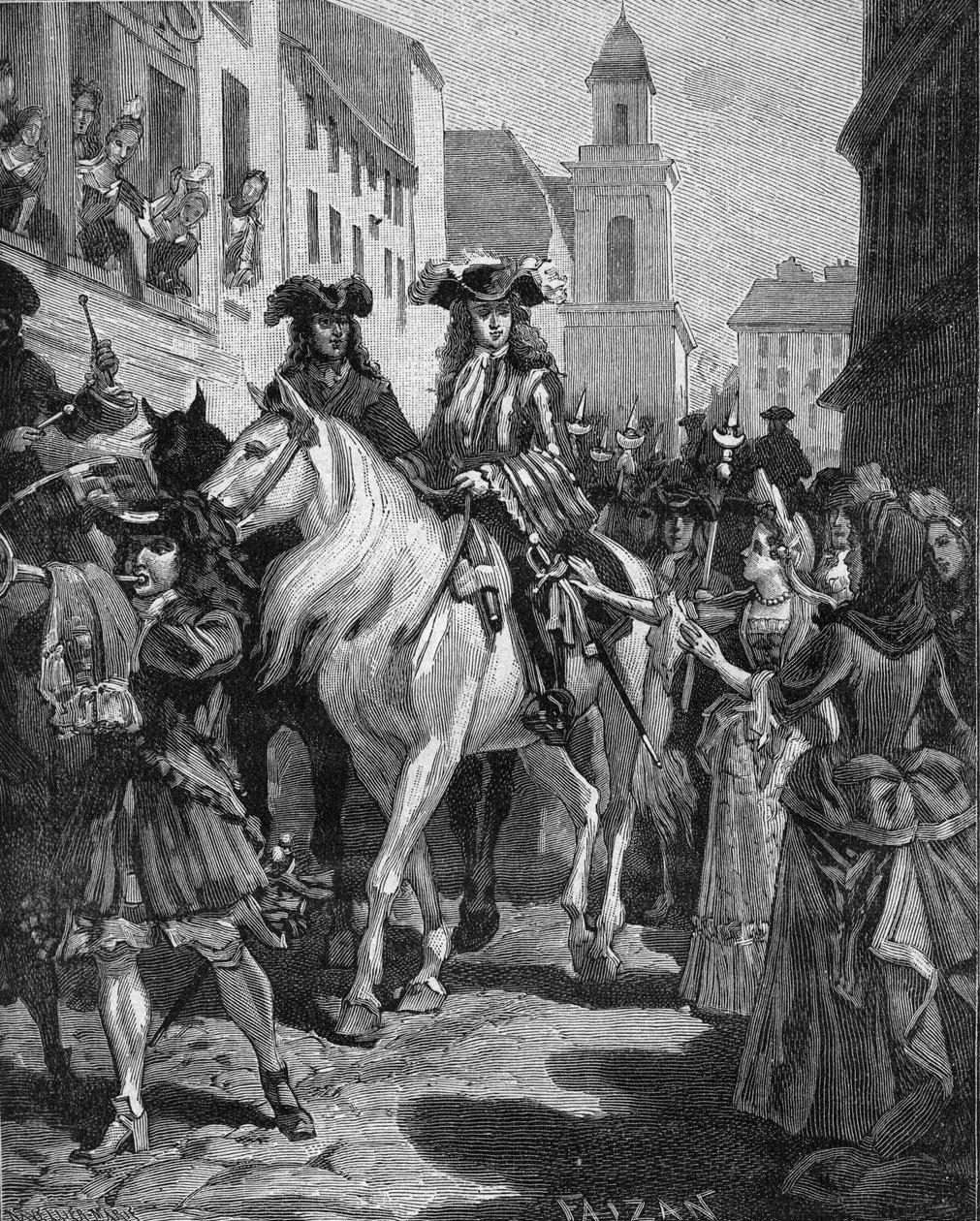 Camisardova válka (1702-1704): Katolík se snaží dotknout vůdce Camisardů Jeana Cavaliera (1681-1740). Nimes, Gard (30). Rytina 19. století. V „Histoire de France“ od Julese Micheleta od Unknown artist