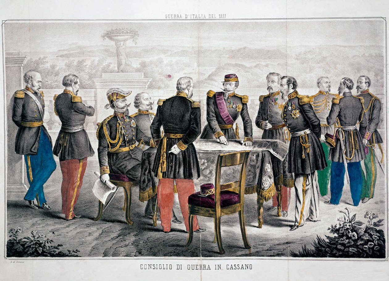 Italské tažení 1859: Cassanova válečná rada, kde se setkali Vittorio Emanuel II (Victor-Emmanuel nebo Victor Emmanuel) a císař Napoleon III. Soukromá sbírka od Unknown artist