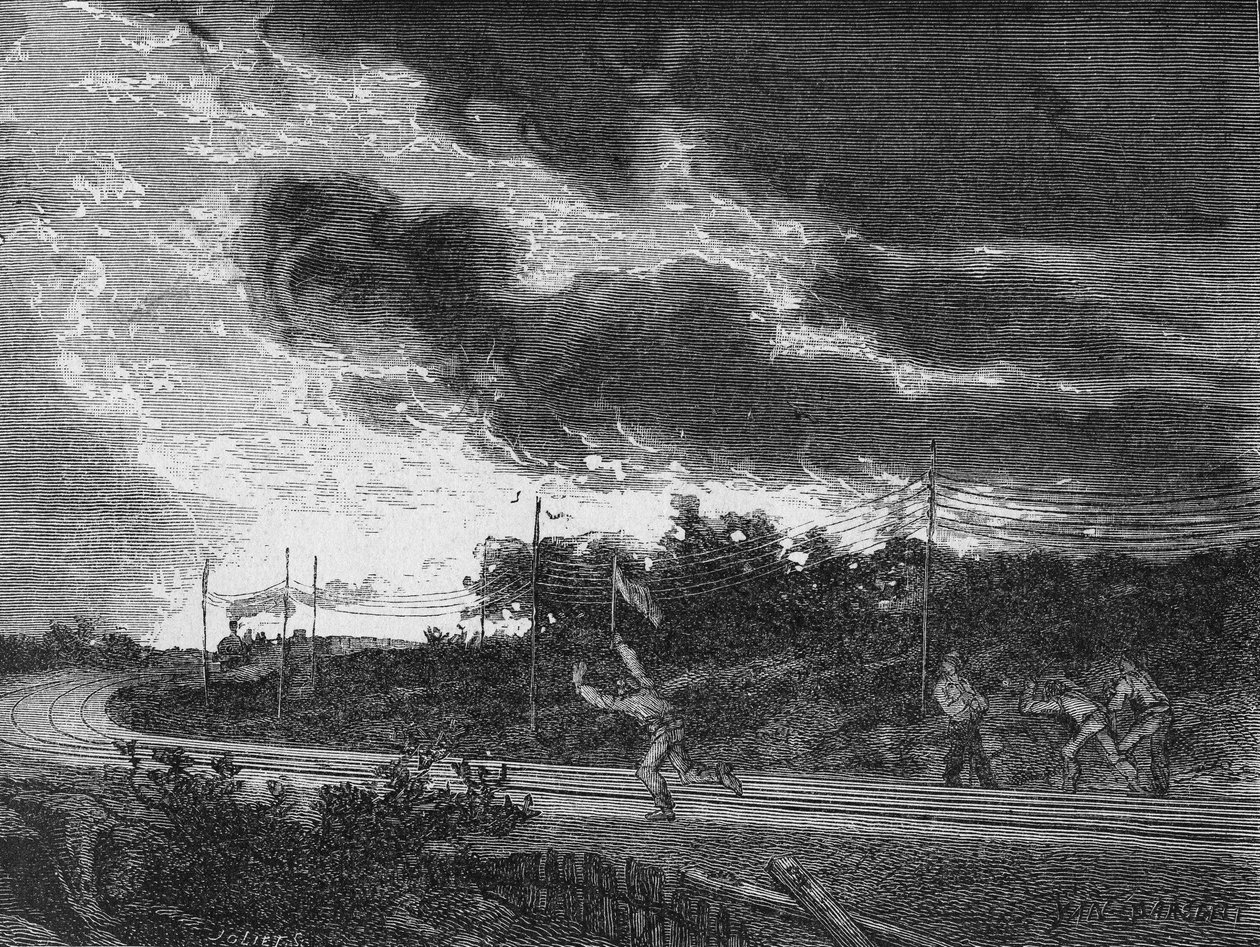 Cantonnier vydává poplachový signál a běží před vlak, aby zabránil nehodám. In “Album de la Science””, Éditions Jouvet od Unknown artist