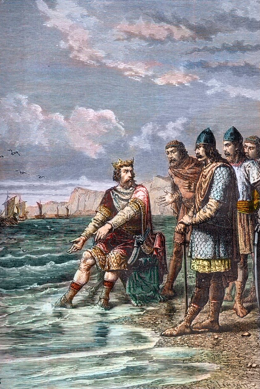 Canute Veliký, přesvědčuje své makléře, že nemá moc zastavit příliv - Král Canut II Veliký (Knud I Veliký) (asi 995-1035), král Anglie od roku 1016, dánský od roku 1018 a norský od roku 1018 1030 - Ukazuje svým dvořanům, že pouze od Unknown artist