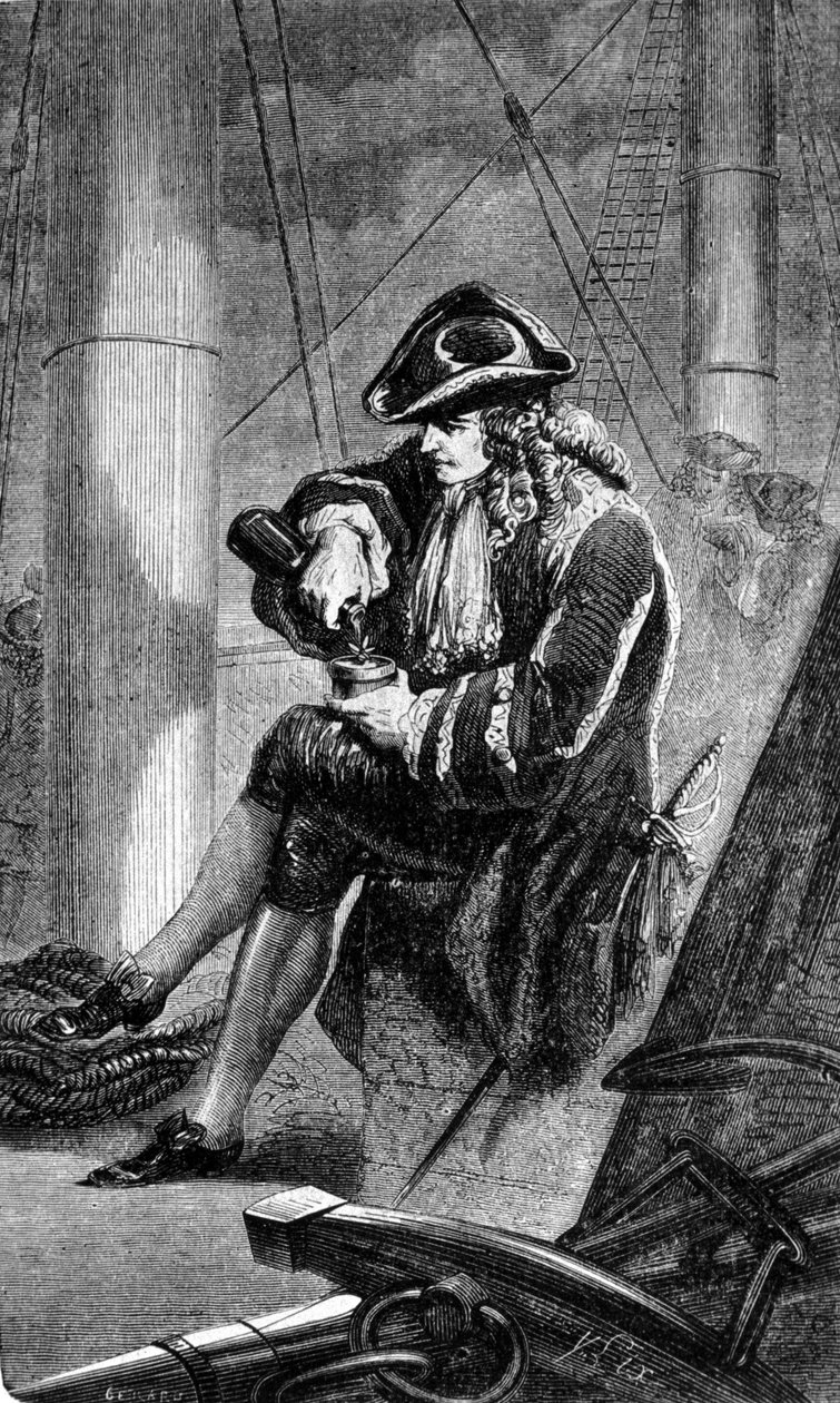 Kapitán Gabriel de Clieu (Declieux, Desclieux) (1687/1678 – asi 1774), pověřený králem Ludvíkem XIV. v roce 1725, aby přivezl zpět na Martinik kávovník (kávovar), sdílí s ním svůj příděl vody, aby ho zachránil před sucho. Rytina z 19 od Unknown artist