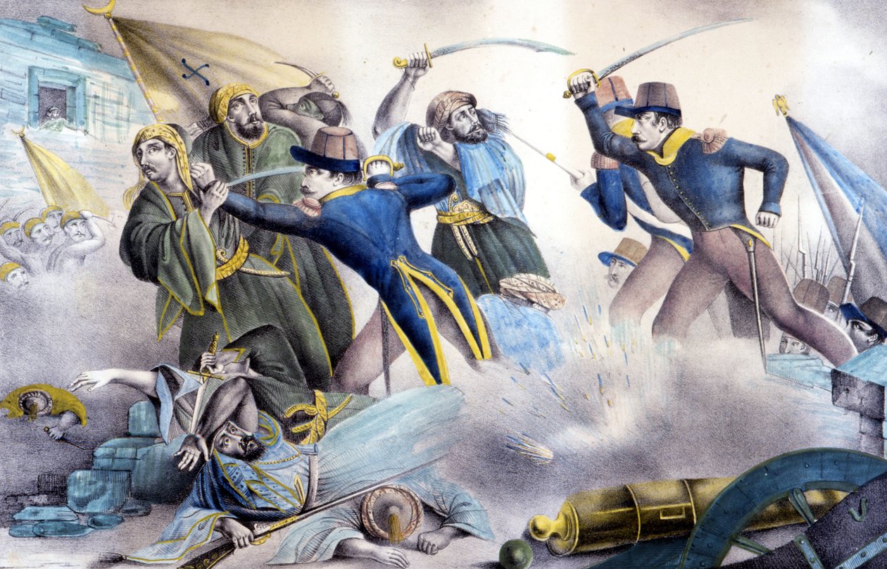 Zajetí Constantina v Alžírsku v roce 1837 maršálem Valée. Barevná litografie 19. století. od Unknown artist