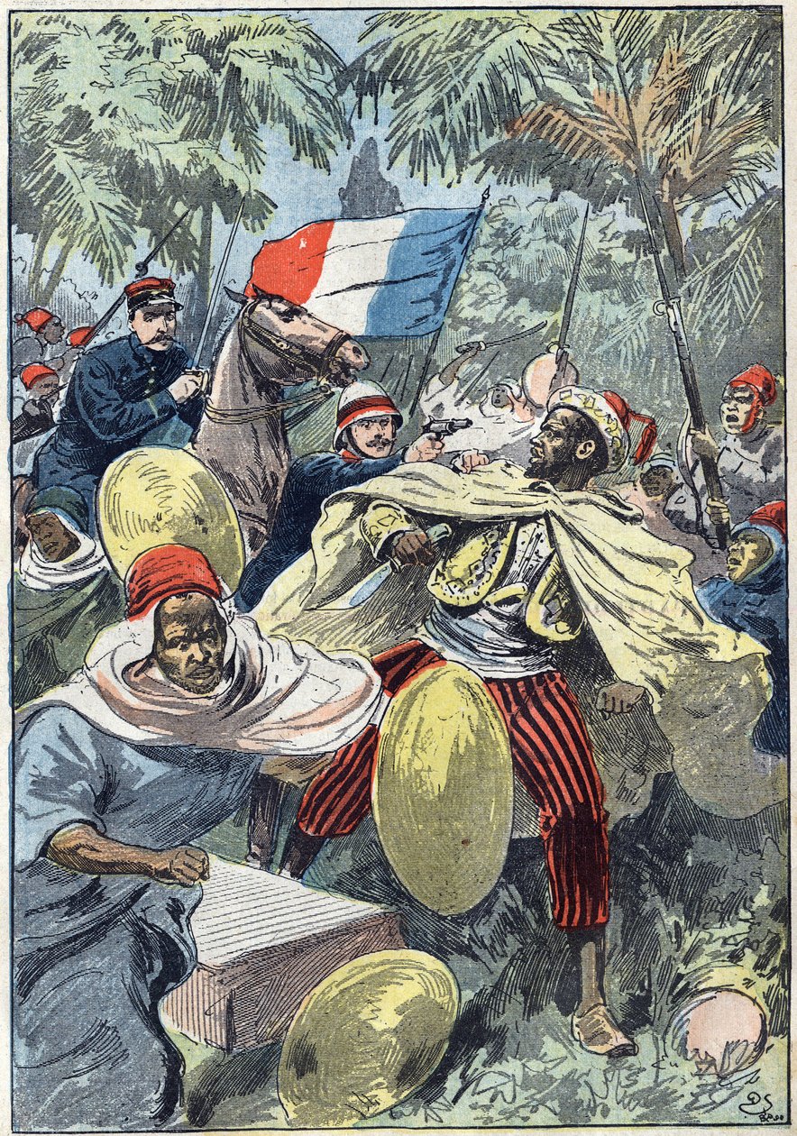 Dobytí Samory Toure (cca 1830-1900), súdánského vůdce a odpůrce francouzské kolonizace v Africe, kapitánem Gouraudem a poručíkem Jacquinem. Súdán od Unknown artist
