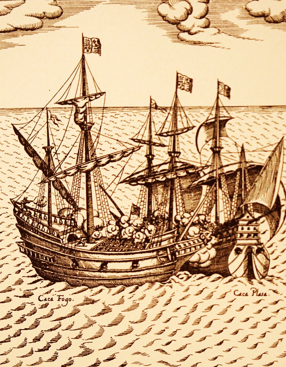 Zachycení španělské galeony Cagafuego Golden Hind vedenou Francisem Drakem v březnu 1579 (rytina) od Unknown artist