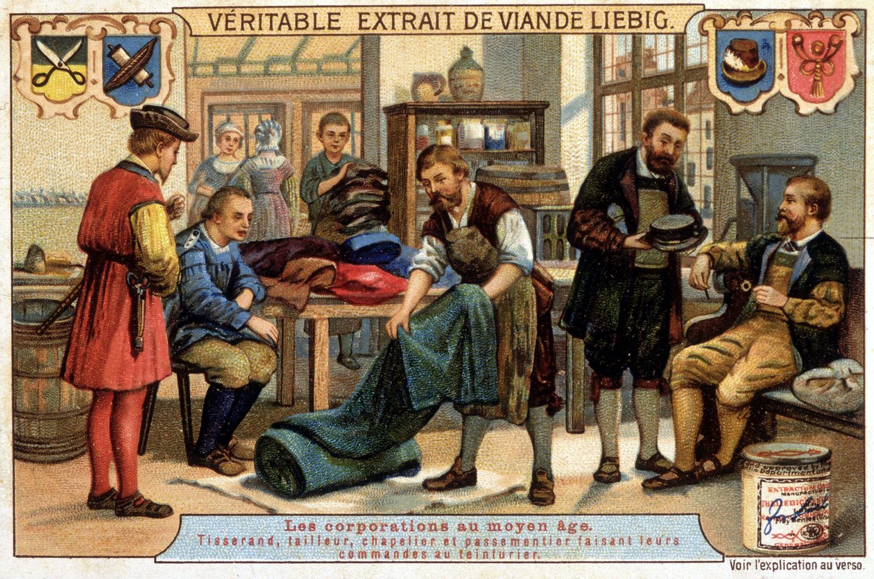 Kariéra ve středověku: tkadlec, krejčí, kloboučník a pastevec objednávající čistírnu - chromo Liebig od Unknown artist