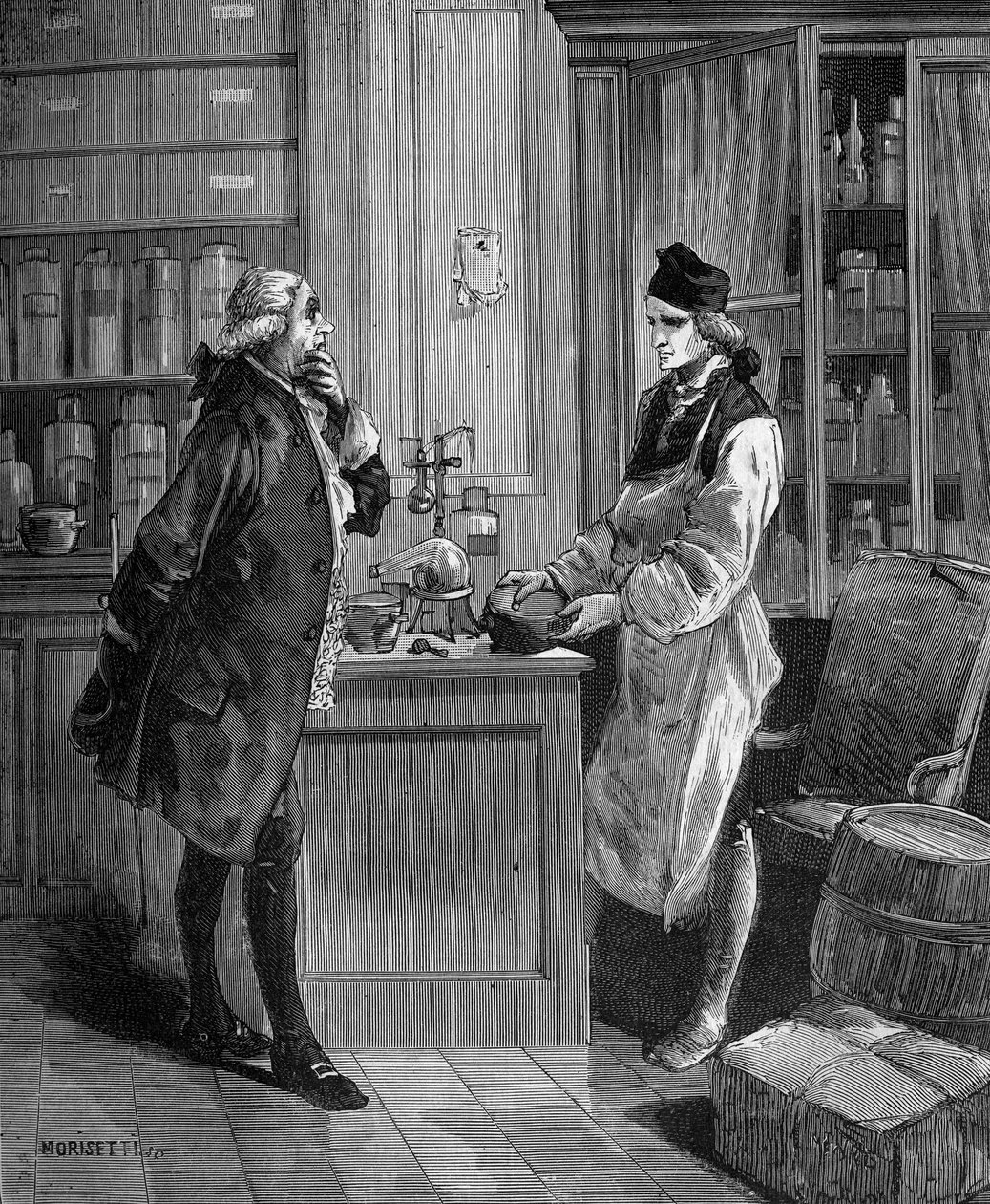 Carl William (Guillaume) Scheele (1742-1788), švédský chemik ve své laboratoři s Tobernem Bergmannem 1735-1784 chemikem. od Unknown artist