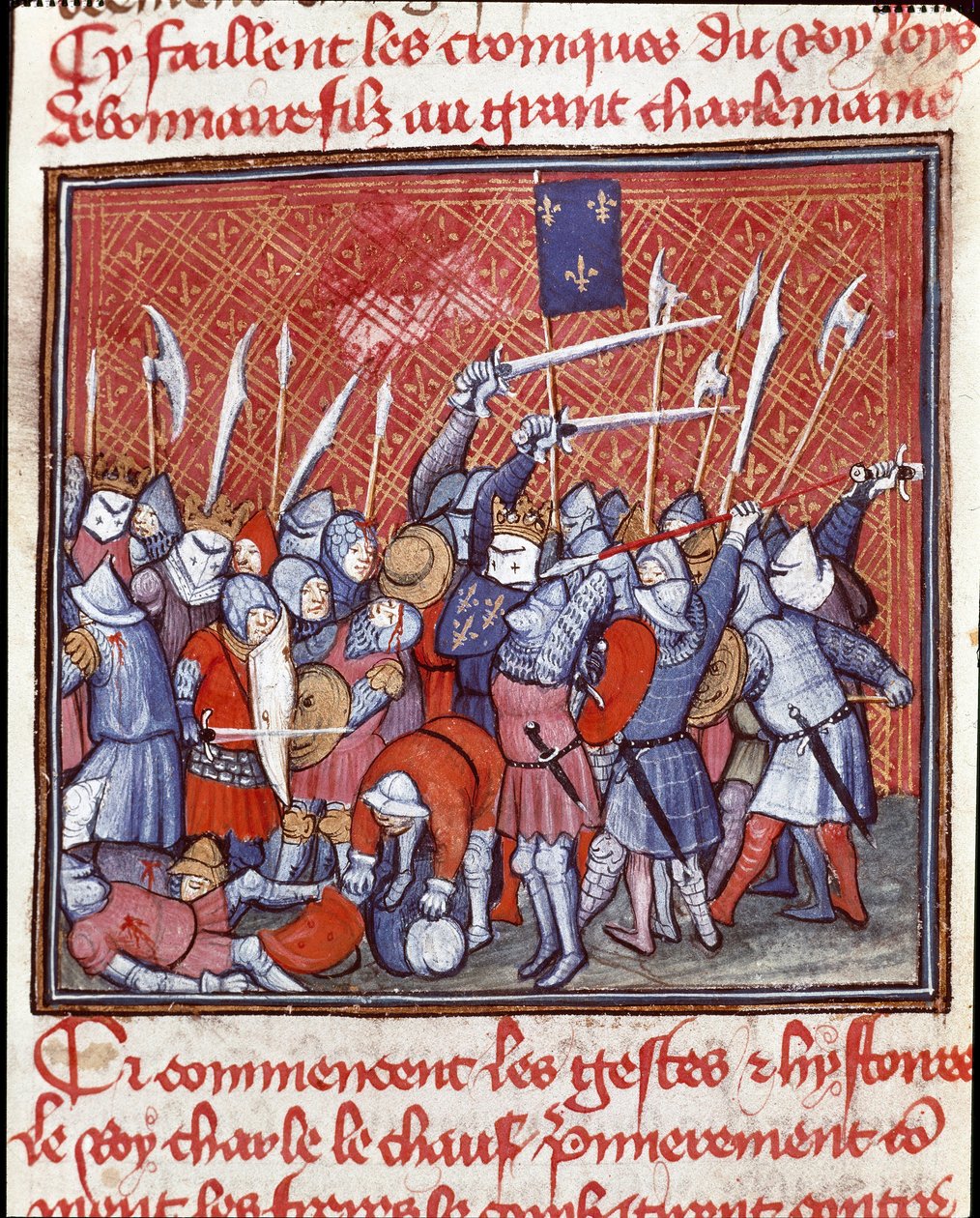 Karolinská dynastie: „“ karolínský král Karel II. říká, že holohlavý (823–877) během bitvy“““ Miniatura převzata z „“ Les grandes Chronicles de France“““ Chantilly ze 14. století, Musee Conde od Unknown artist