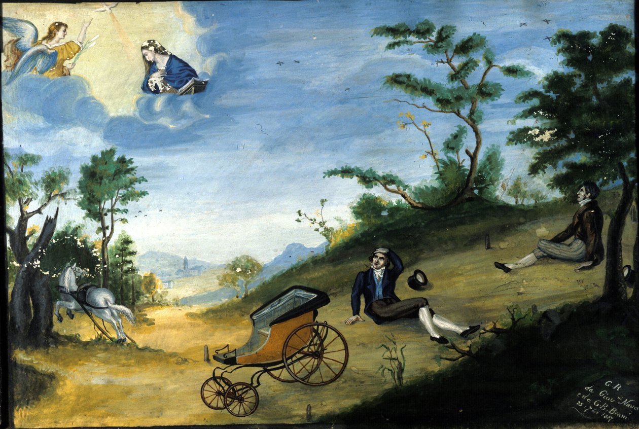 Dopravní nehoda. Ex voto z roku 1827 ze svatyně Madonna delle Grazie v Monze. od Unknown artist