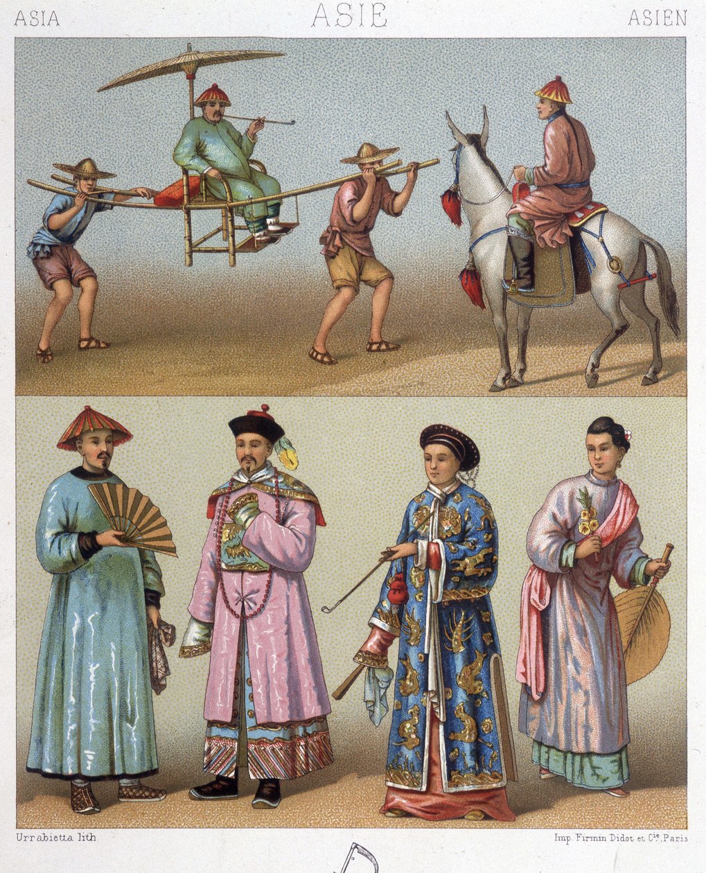 Nosné židle, jezdci a kostýmy v Číně - v „“Le Kostým historique““ od Racinet od Unknown artist