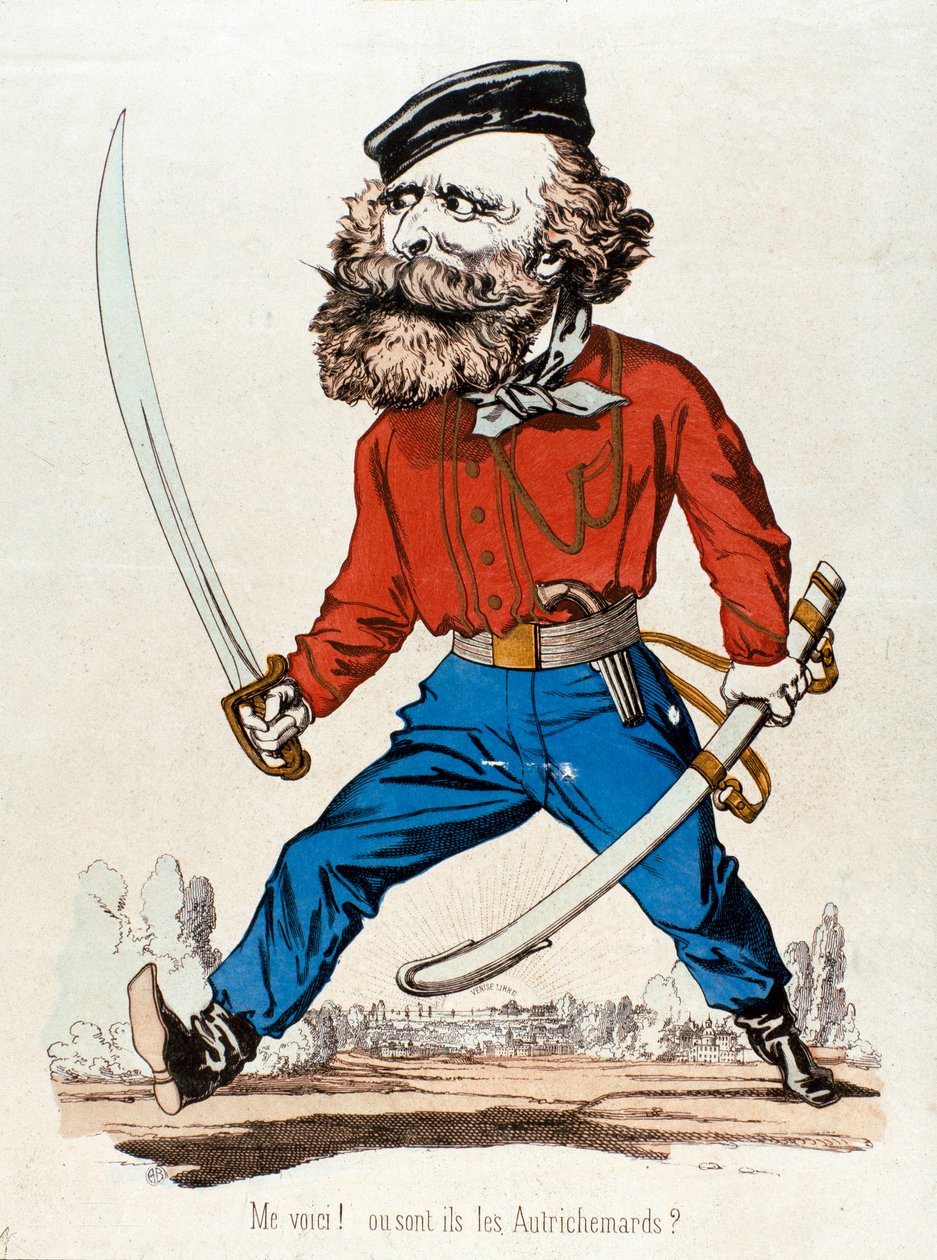 Kreslený film zobrazující Giuseppe Garibaldiho (1807-1882), italského patriota a hrdiny Risorgimenta, křičící „“ Me voic! ou sont les Austrihemards””” Rytina soukromé sbírky z 19. století - Giuseppe Garibaldi (1807-1882), italský patriot a Riso od Unknown artist