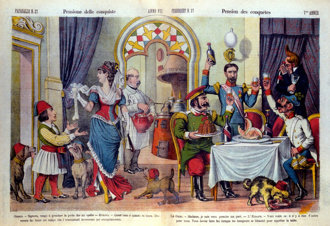 Karikatura italských novin „“Le Parroquet““ (il Pappagallo) na berlínském kongresu (Congresso di Berlino) v roce 1878 (diplomatická konference). Berlínský kongres se konal k přezkoumání ruské nespravedlnosti vůči Turecku: Turci byli nuceni přijmout har od Unknown artist