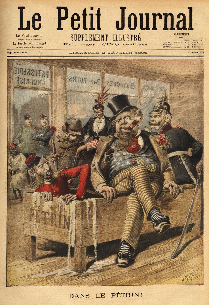 Cartoon on England: French and Russian, má vchod do anglické cukrárny, smějící se angličtině, na Petříně se svým německým spojencem, protože angličtina hromadí diplomatické problémy, od venezuelské aféry, která znamená diplomatickou sázku od Unknown artist