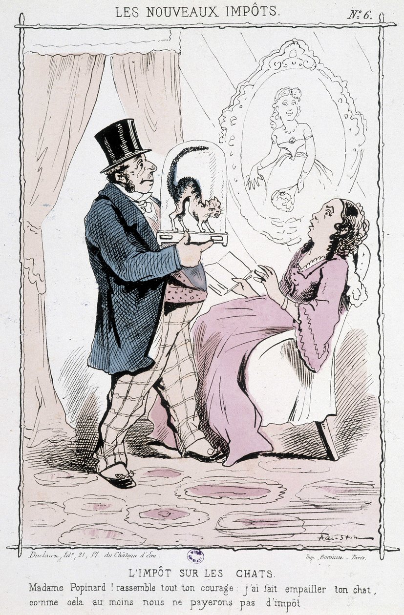 Kočičí daň: „“ Madame Papinardová! Seberte veškerou odvahu. Udělal jsem ti vycpanou kočku, tak alespoň nebudeme platit daň““ - karikatura od Unknown artist