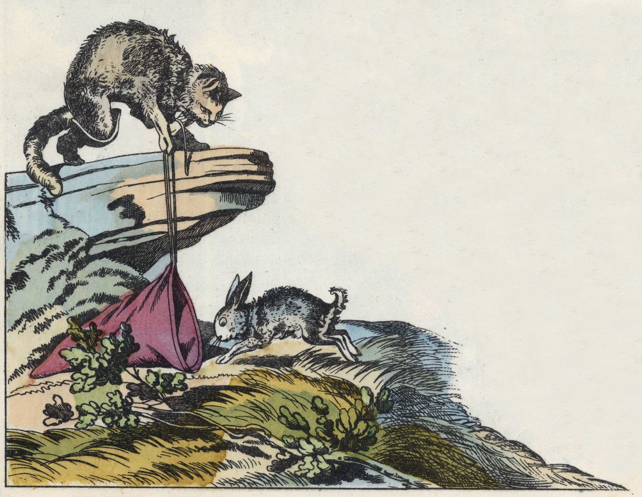 Kočka chytí králíka. Ilustrace příběhu „The cat botte“ od Charlese Perraulta od Unknown artist