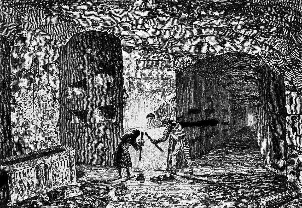 Římské katakomby. Rytina 19. století. od Unknown artist