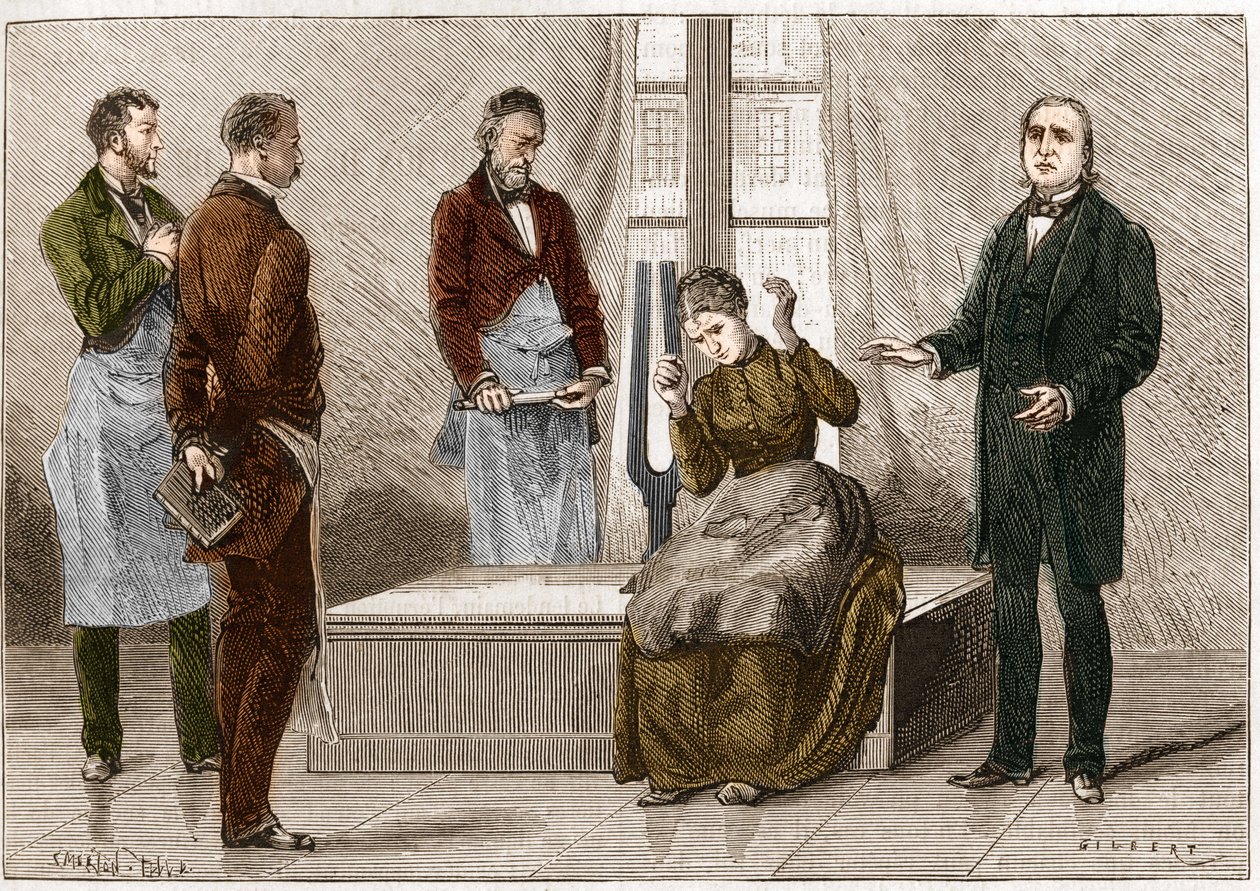Katalepsie vzniklá pod vlivem zvuku (Diapason). Francouzský neurolog Jean Martin Charcot (1825-1893) (vpravo) při demonstraci hypnózy na pacientovi v nemocnici Salpetriere. Ilustrace převzata z „“Příroda““ 1879 od Unknown artist