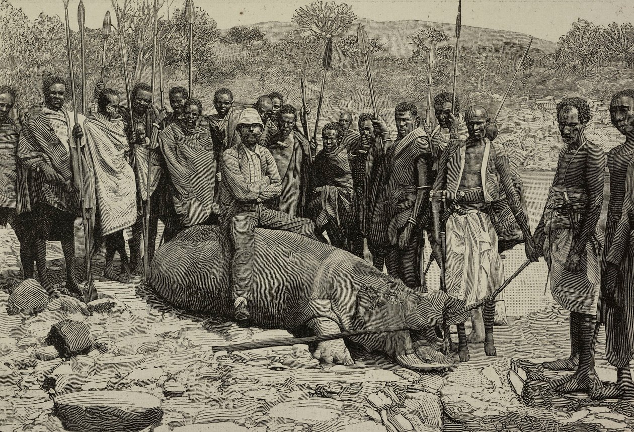 Odchyt hrocha z řeky Jubba, Afrika, rytina z L