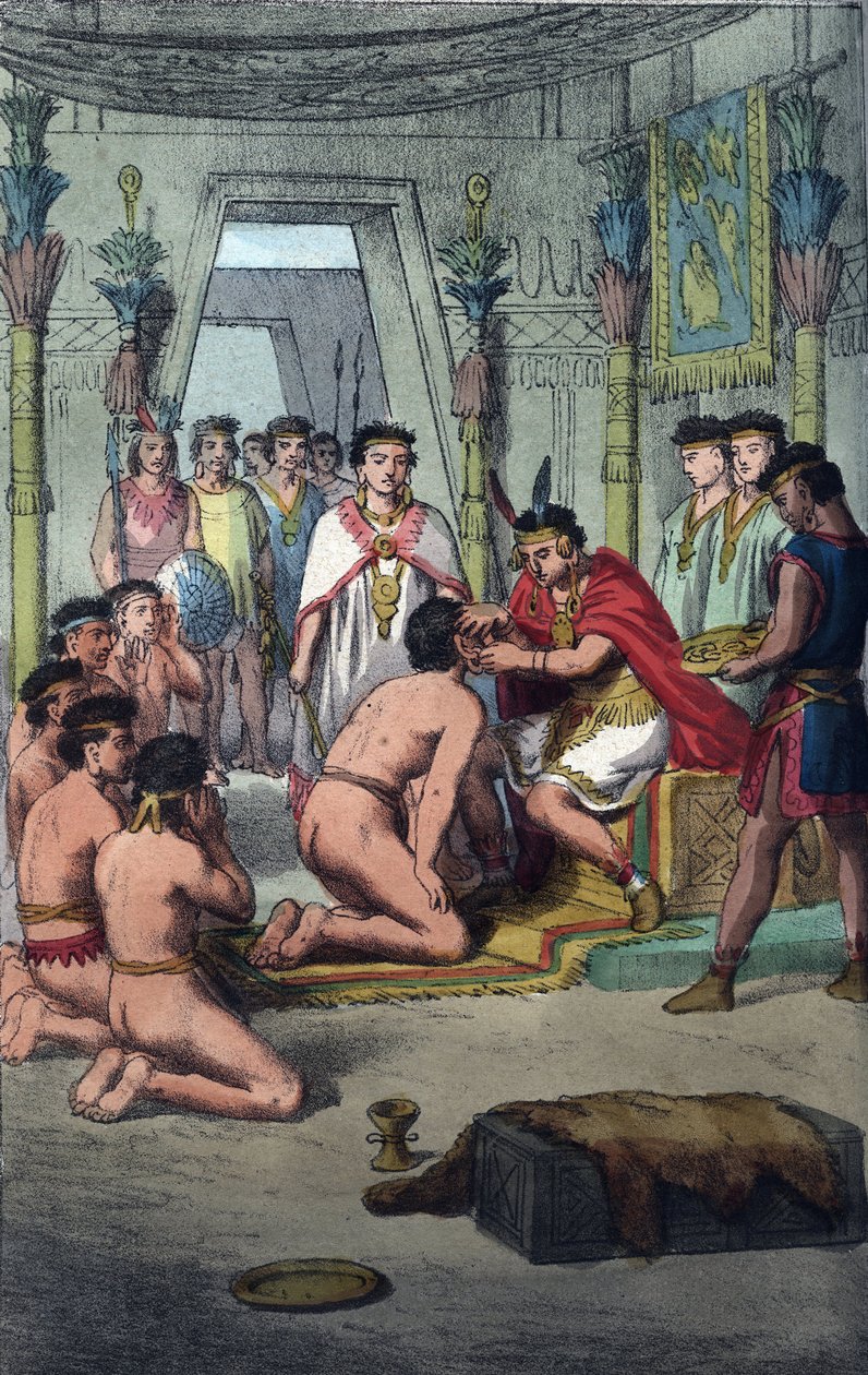 Ceremony (Ceremony) v hlavním městě Inků Cuzco: Manco Capac (Ayar Manco) uděluje vyznamenání krvavým princům propíchnutím uší – rytina z „Zvyků a obyčejů všech národů vesmíru. To je historie vlády, zákonů od Unknown artist