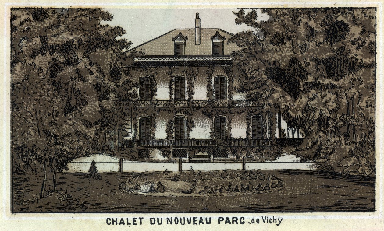 Chata v novém parku Vichy (Allier a region Auvergne). Chromolitografie konce 19. století. od Unknown artist