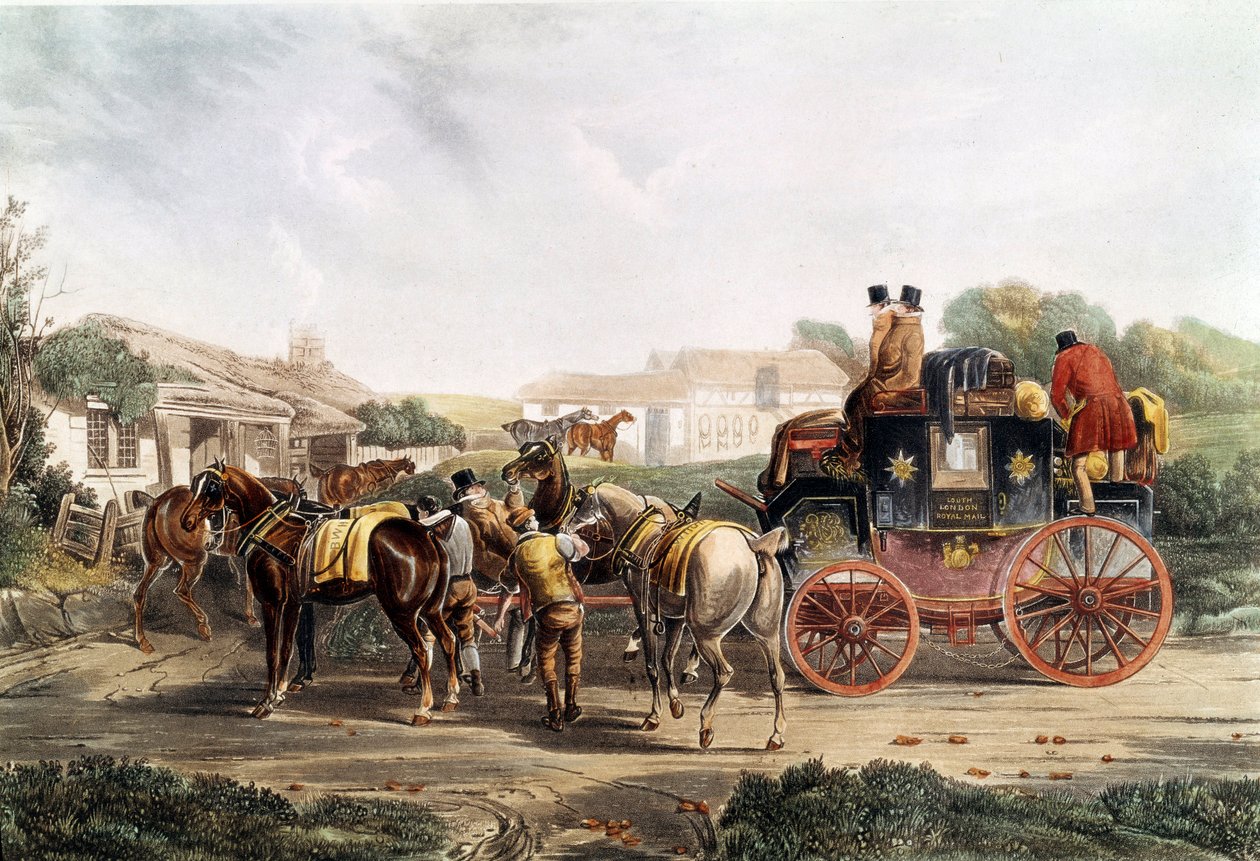 Výměna tažného zařízení v hostinci během cesty autobusem. Anglické rytí. Soukromá sbírka 19. století od Unknown artist