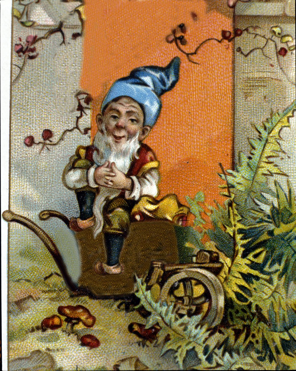 Postava trpaslíka nebo sedícího farfadeta. Chromolitografie 19. století. od Unknown artist