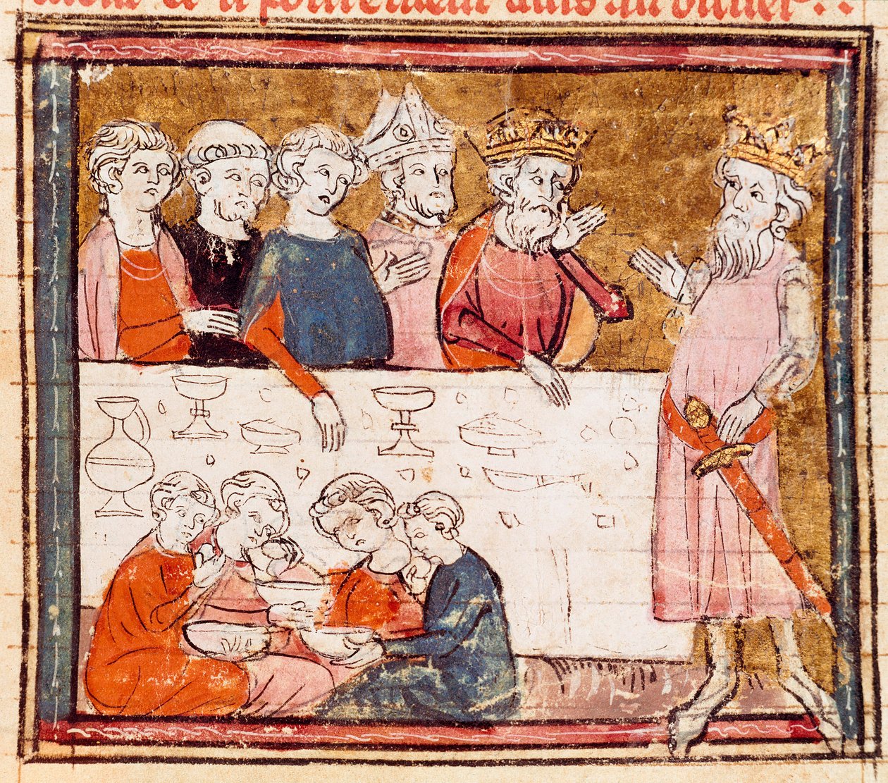 Karel Veliký (742-814) a jeho synovec jezdec Roland na banketu, kde chudá miniatura z „“Grandes Chronicles de France”” 1375-1379 Městská knihovna, Castres od Unknown artist