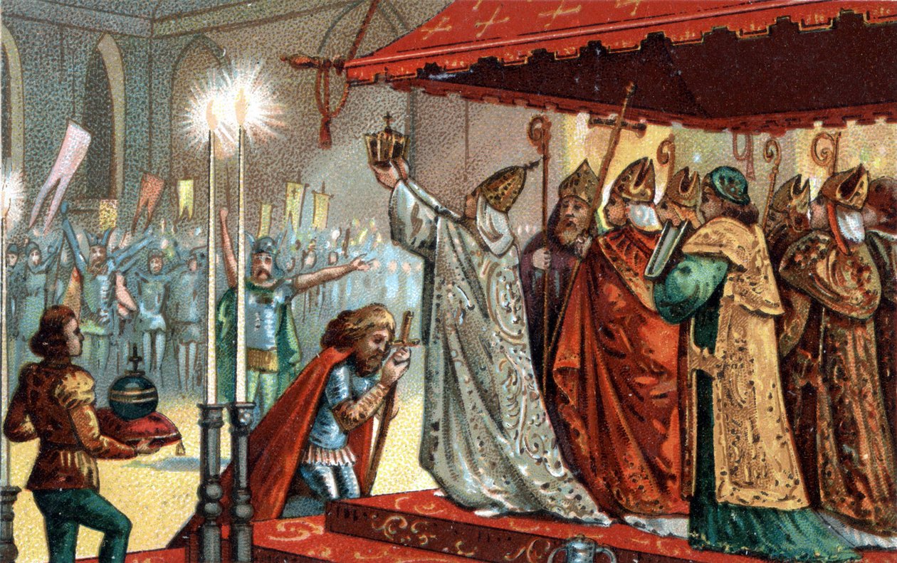 Karel Veliký (742-814) korunován papežem Lvem III. (c750-816) v bazilice sv. Petra v Římě 25. prosince 800 - Posvátno (korunovace) Karla Velikého (742 - 814) v roce 800 papežem Lvem III. od Unknown artist