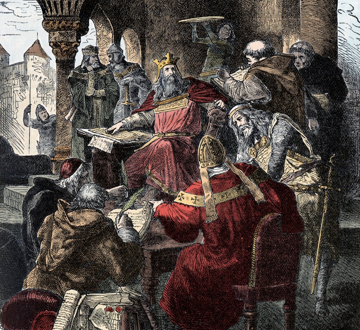 Karel Veliký (742 - 814) na trůnu předsedající Palácové akademii (rytina) od Unknown artist